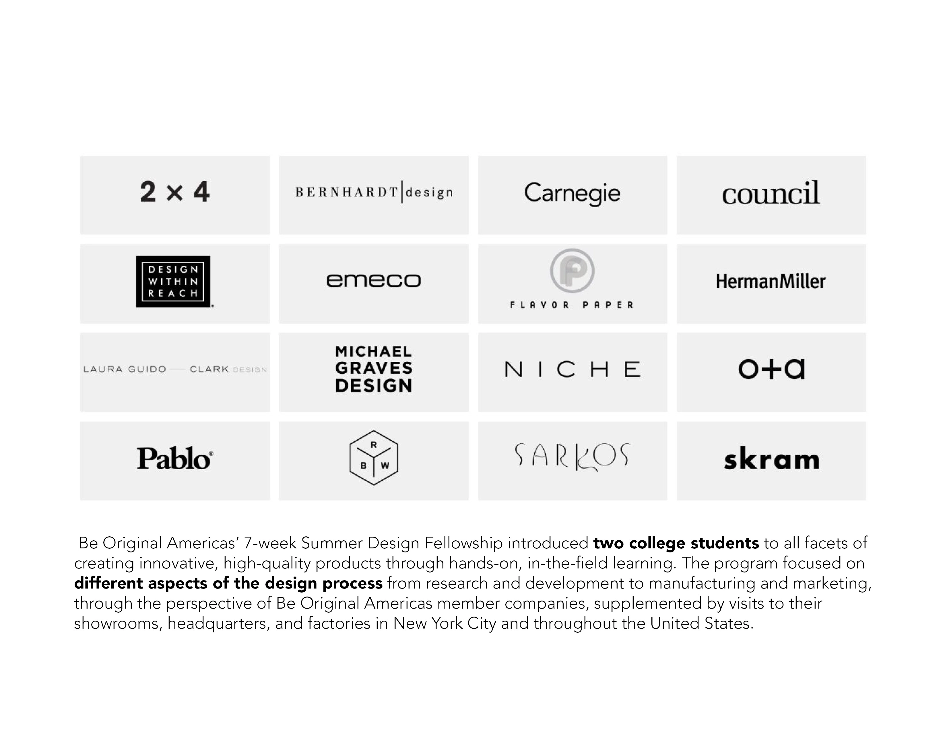 A list of brands that the fellowship had provided design experiences in.