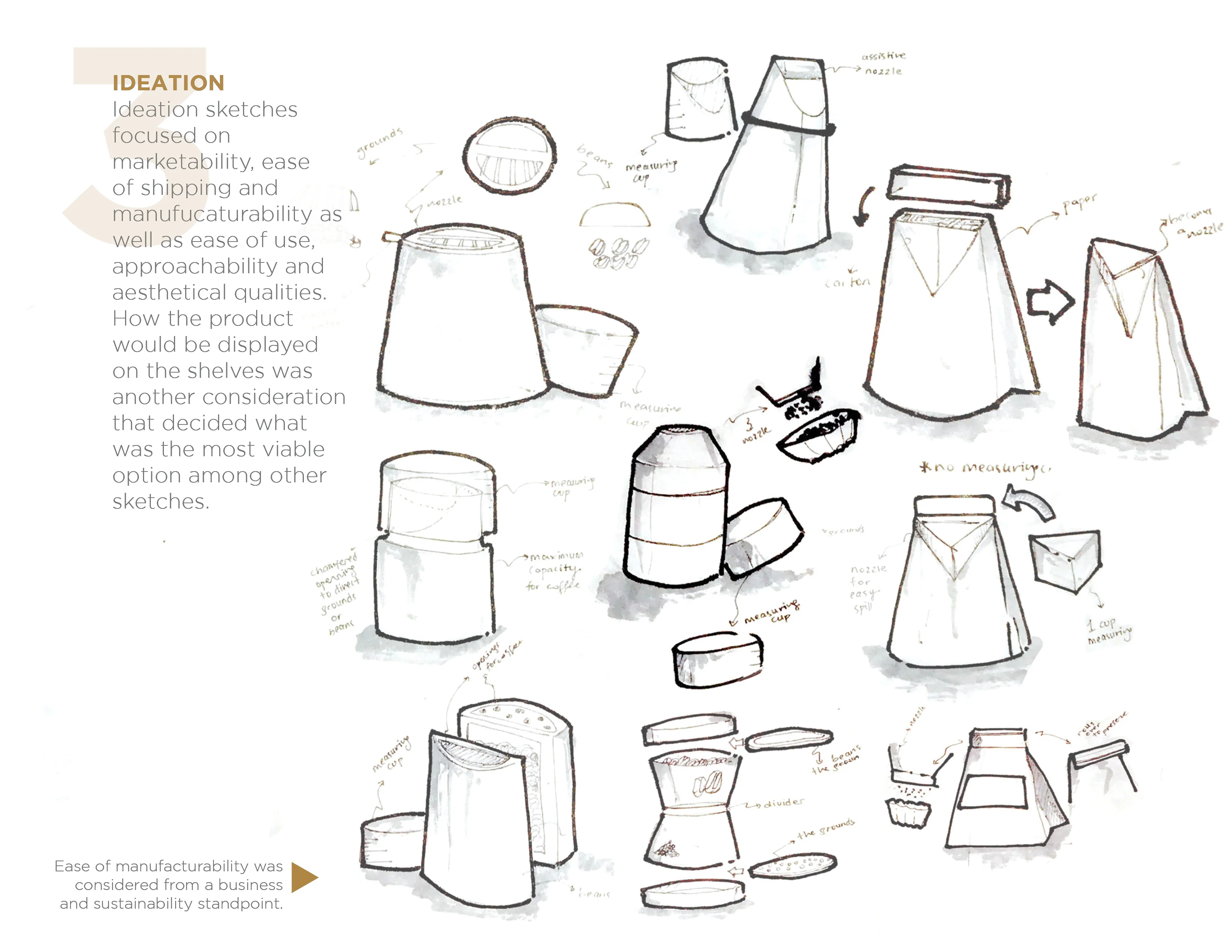 Container design sketches with functional notes.