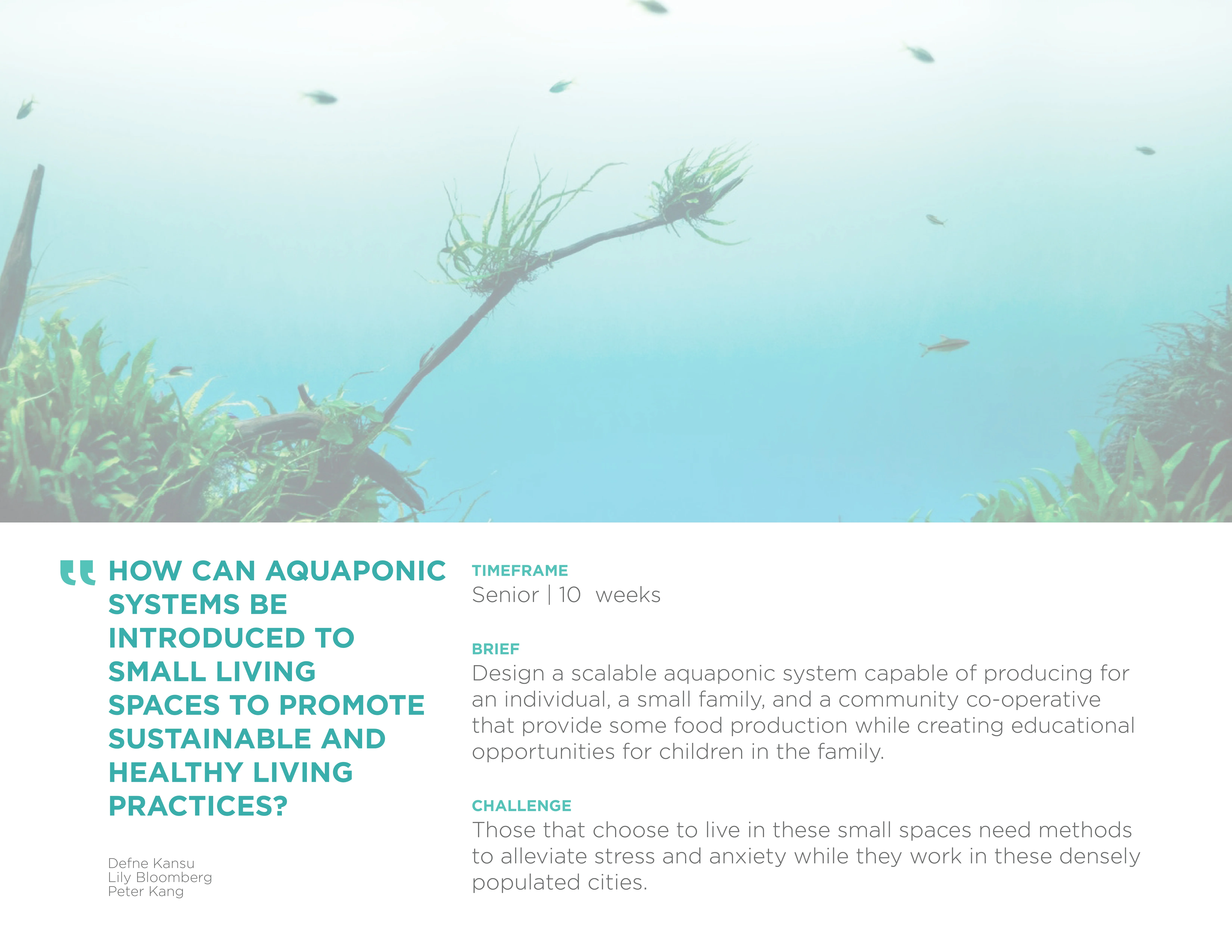 Aquaponic system project introduction slide, with a serene underwater image featuring plants and fish. Text describes the project's aim to design scalable aquaponic systems for sustainable, small living spaces.