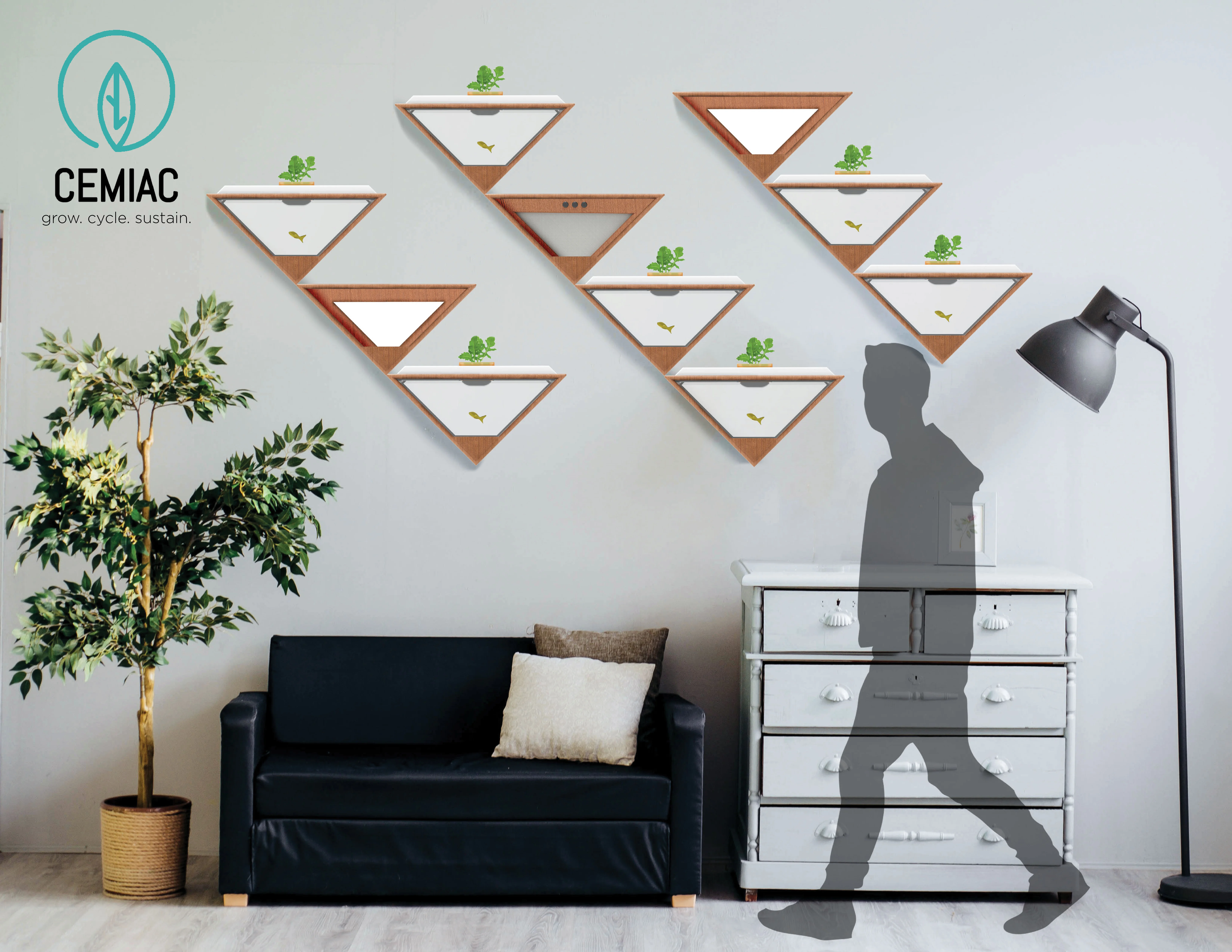 Render of Cemiac modules with plants on living room wall.