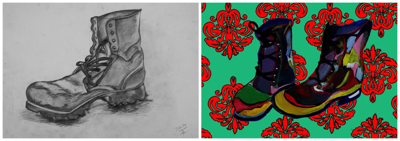 A study of two pairs of shoes, one in traditional drawing and one in the style of a pop-art.