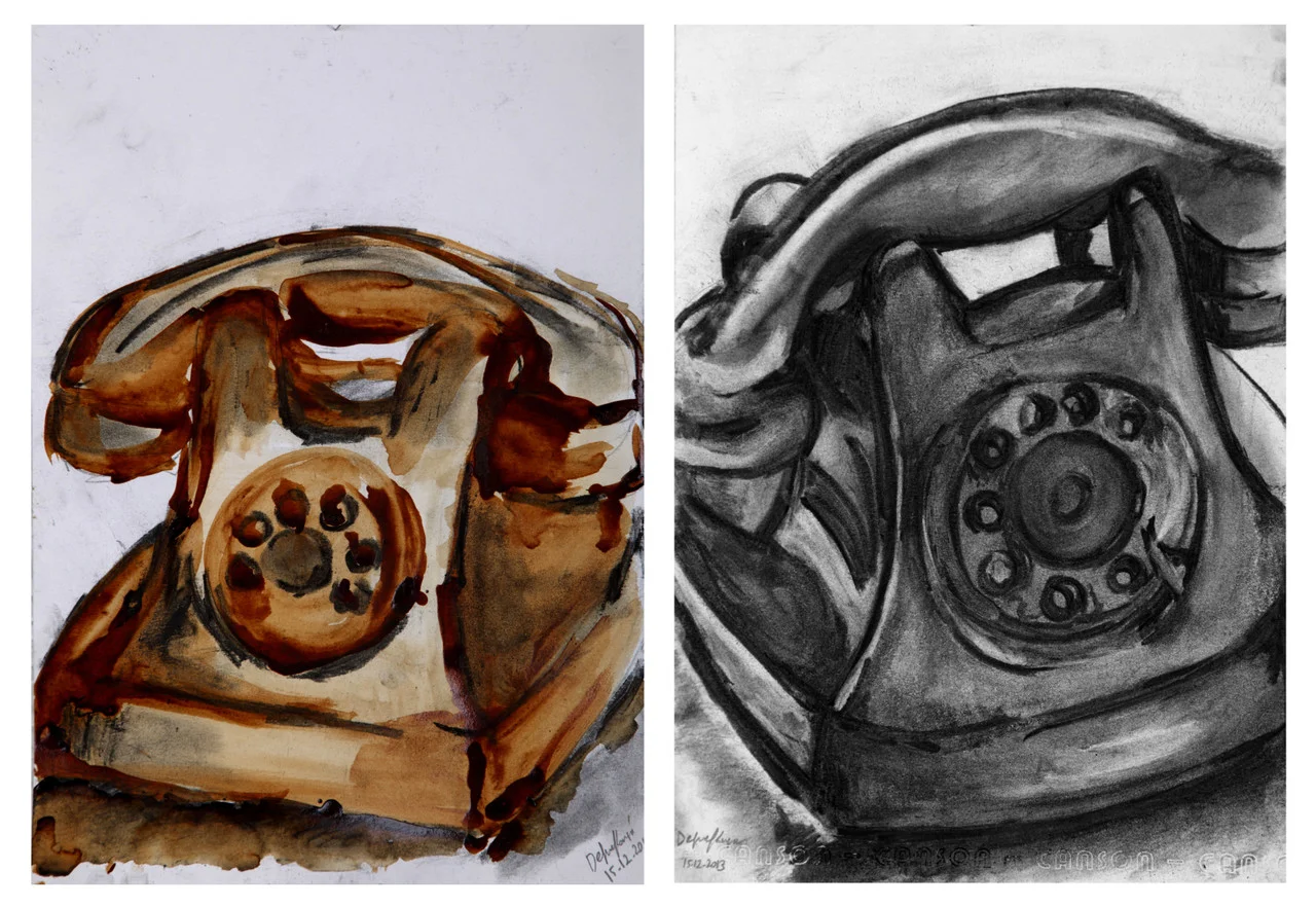 A media study of a telelphone drawn with charcoal and coffee.