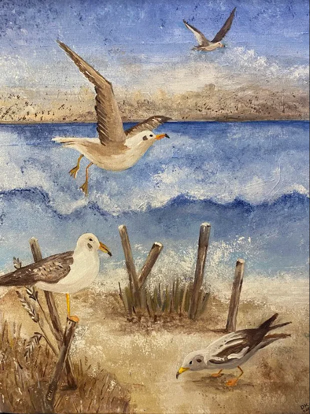 A painting of a group of seagulls at the beach