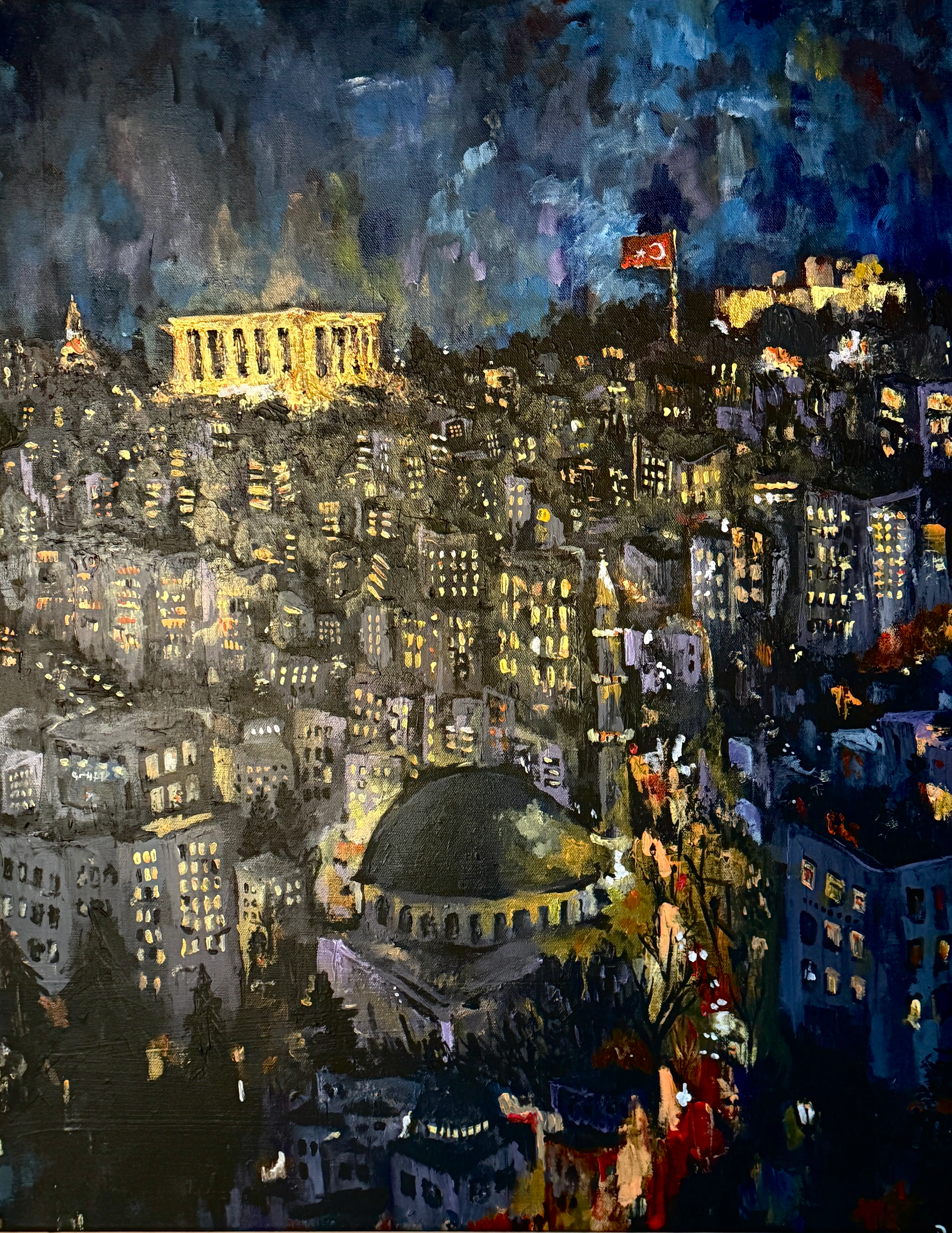 The city Ankara depicted in abstract form with shimmering city lights.