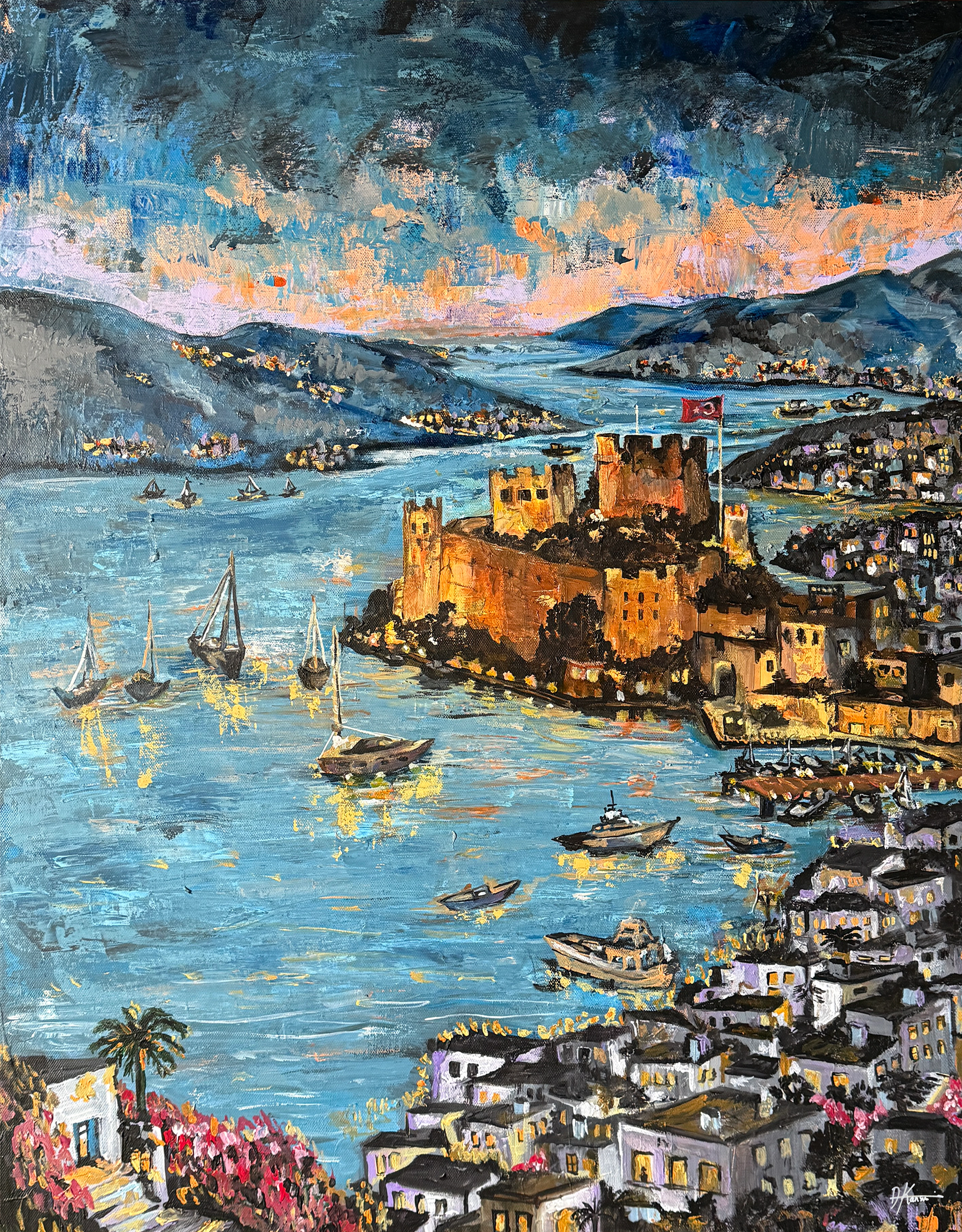 The city Bodrum depicted in abstract form with the sunset and the bay.