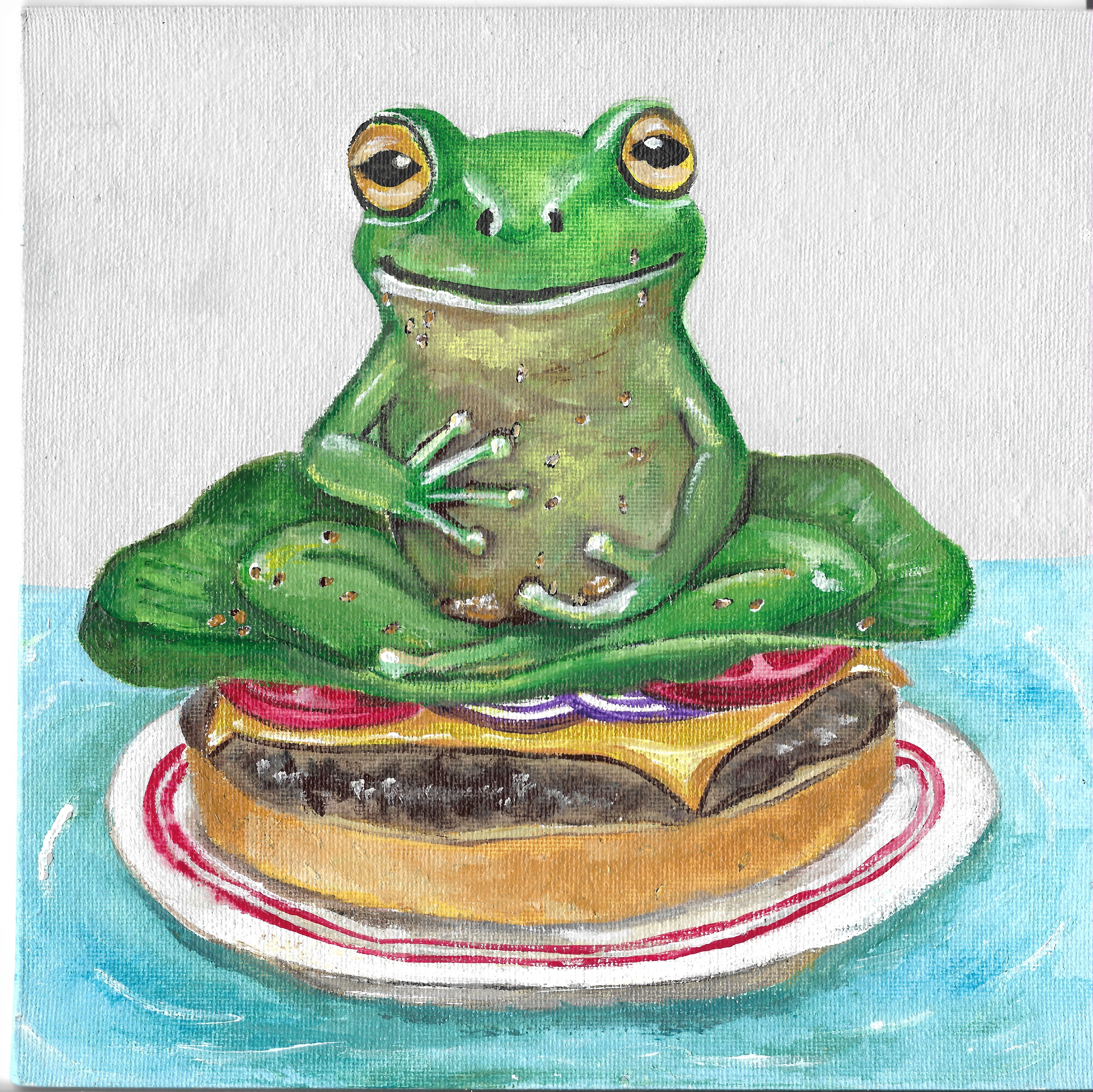 A frog doing the lotus position over a lettuce in a hamburger.