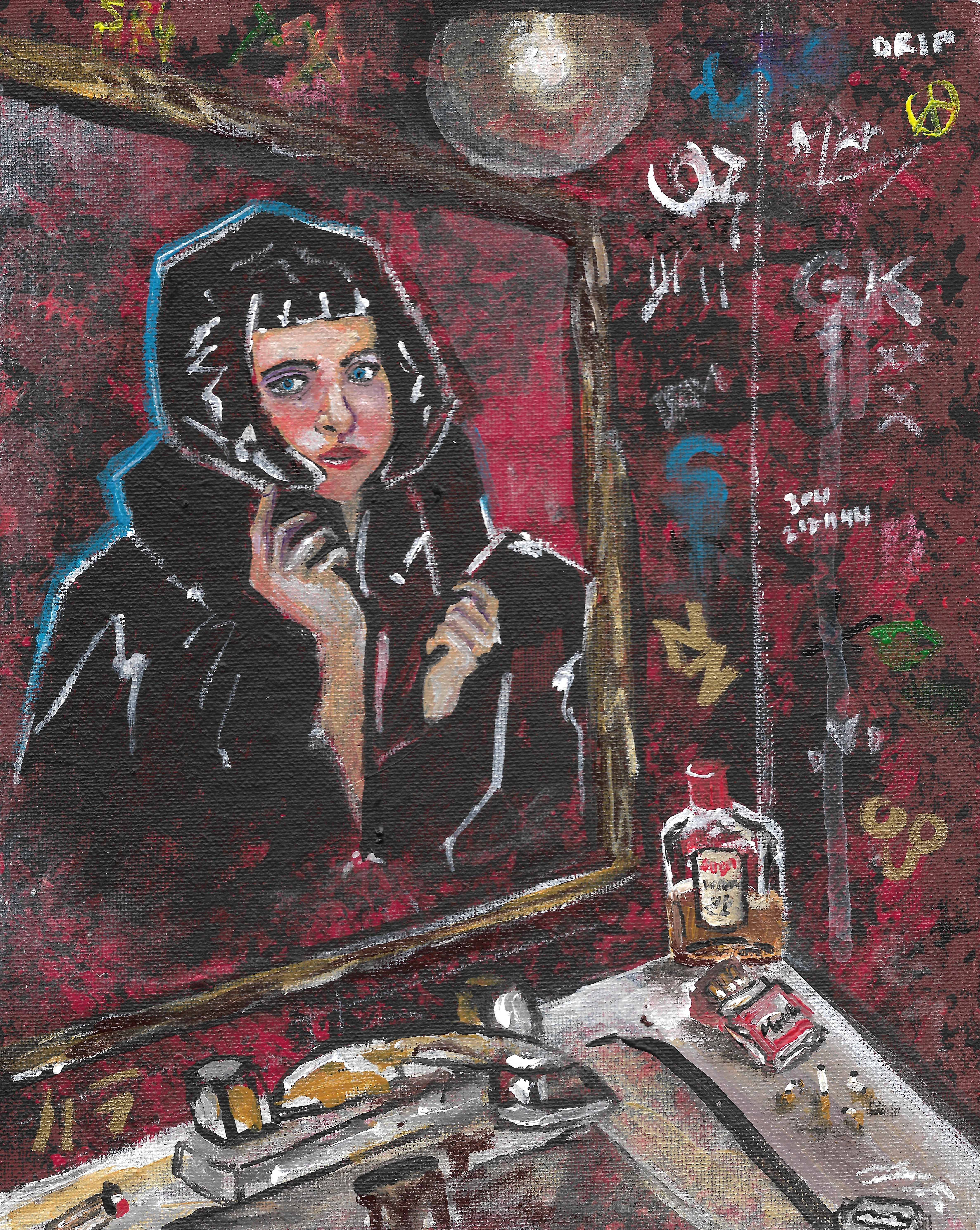 A woman looking at her own reflection in a dark, moody, dive bar setting.
