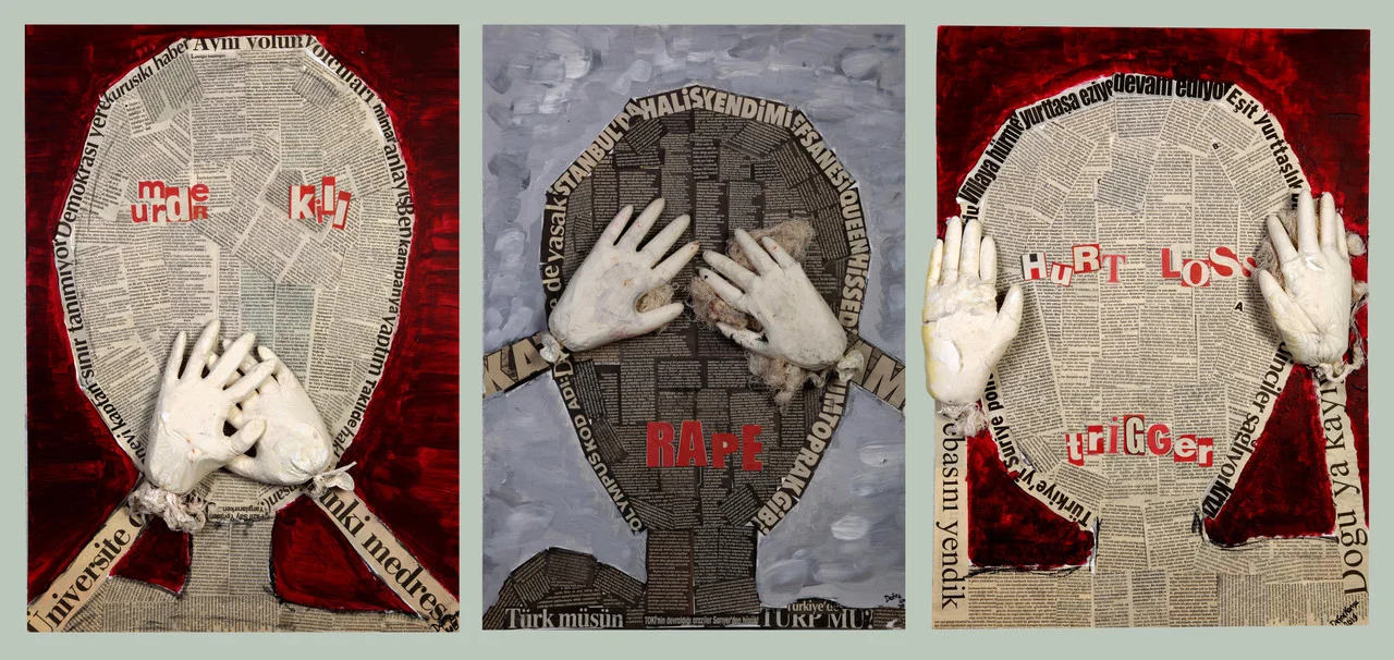 A mixed media artwork depicting three monkey approach of media made out of newspapers.