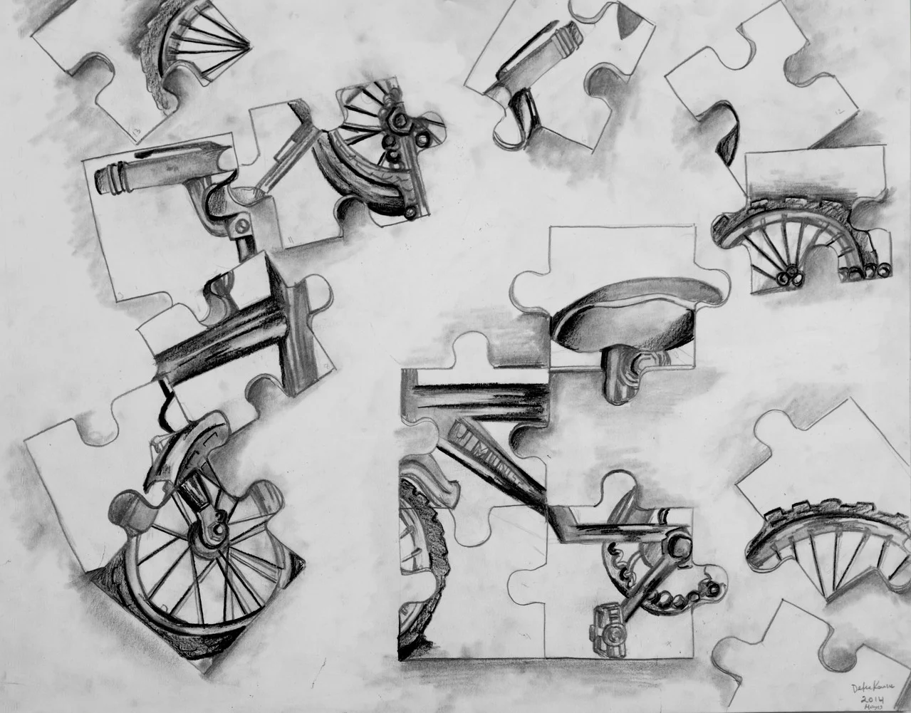 A pencil drawing of a bicycle broken down into puzzle pieces.