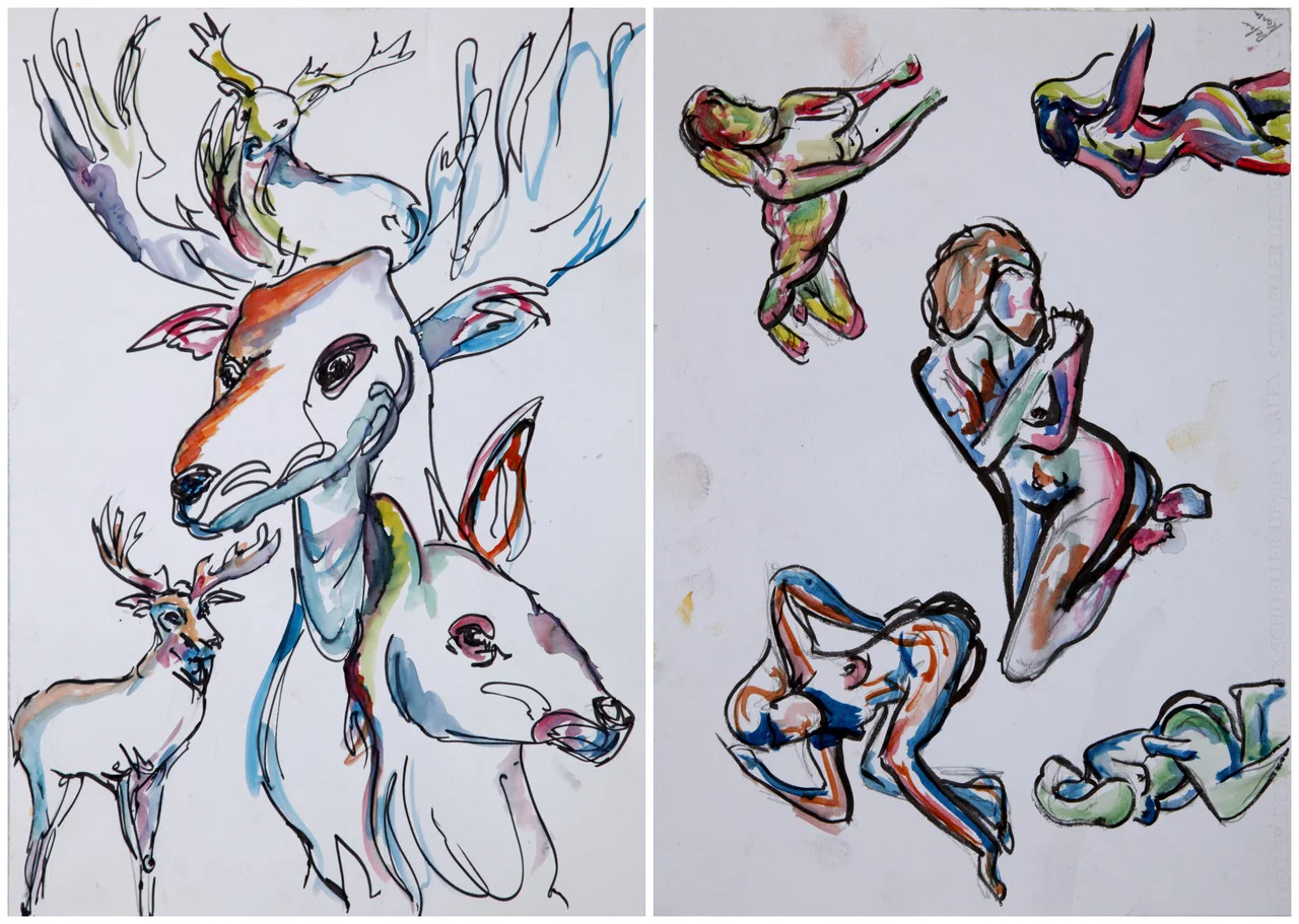 Watercolor studies of deer and women with some linework.