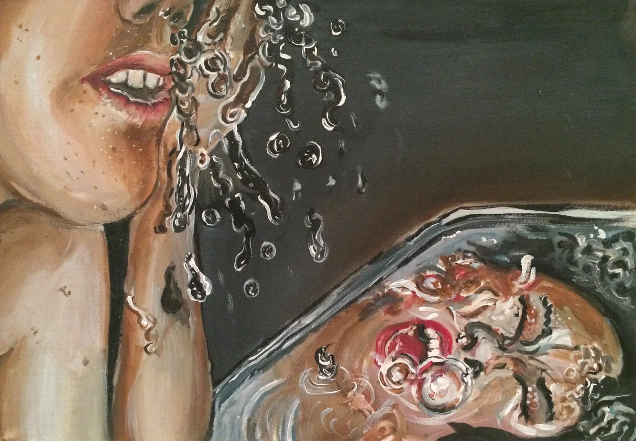 An acyclic painting of a woman washing her face with a different reflection in water.