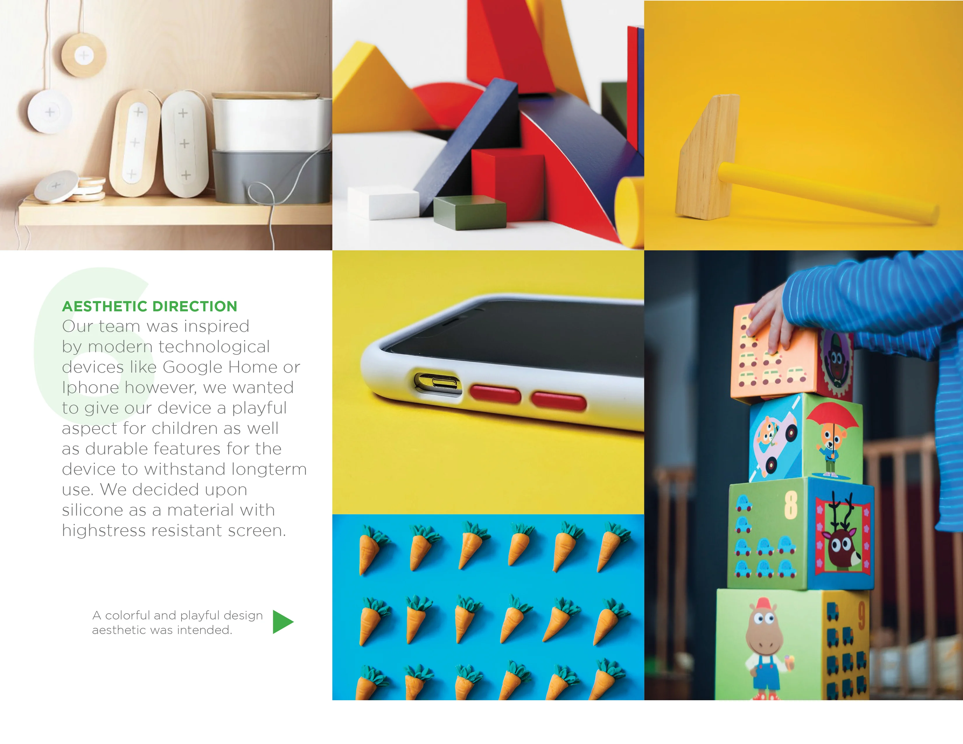 A collage of toys and modern design elements, including smart speakers, geometric blocks, a toy mallet, a device in a silicone case, illustrated blocks, and plastic carrot toys.