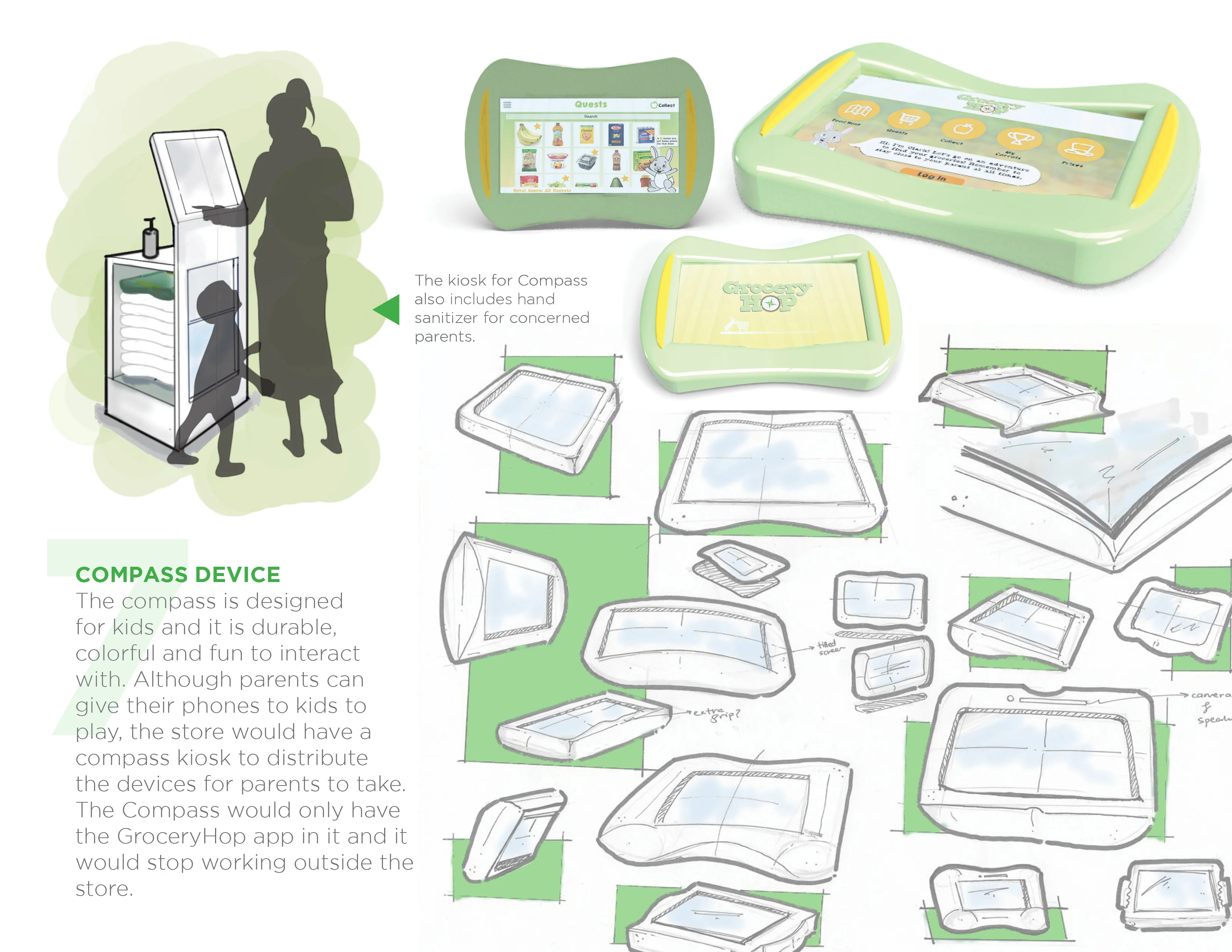 Concept designs for a children's tablet called Compass with kiosk illustration and device sketches