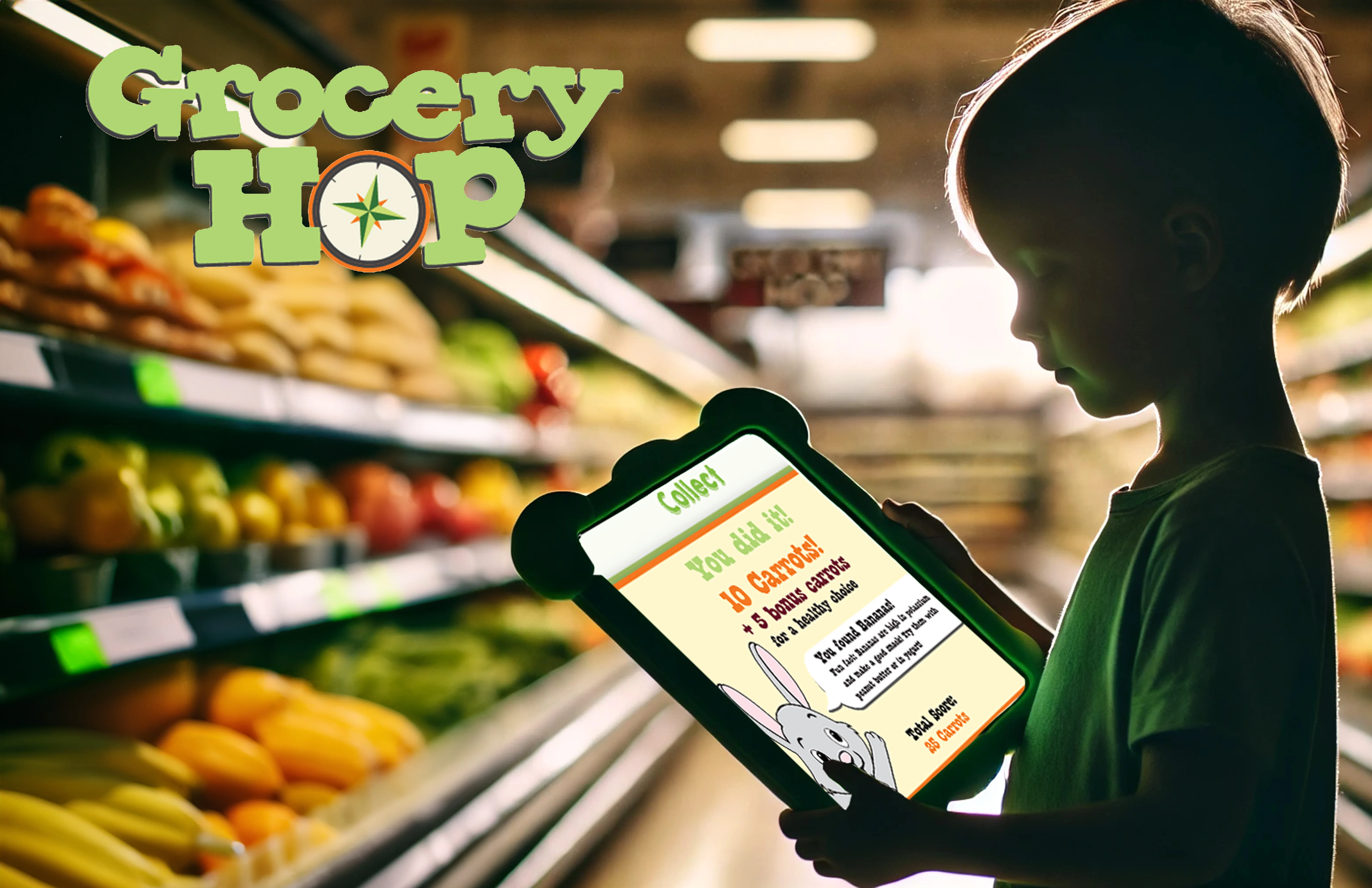 Child holding a tablet in a grocery store produce aisle.