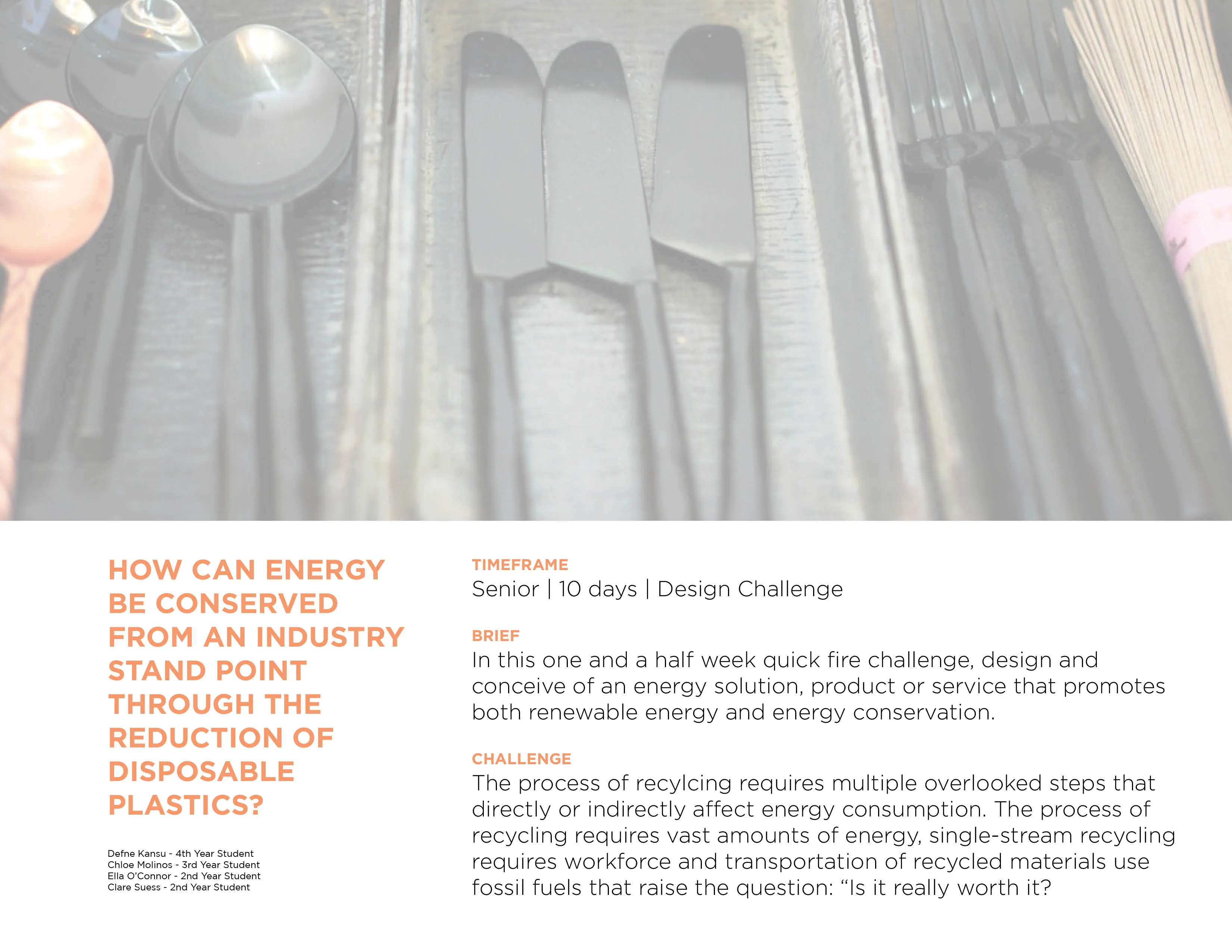 Disposable plastic utensils next to text about a design challenge on energy conservation and plastics.