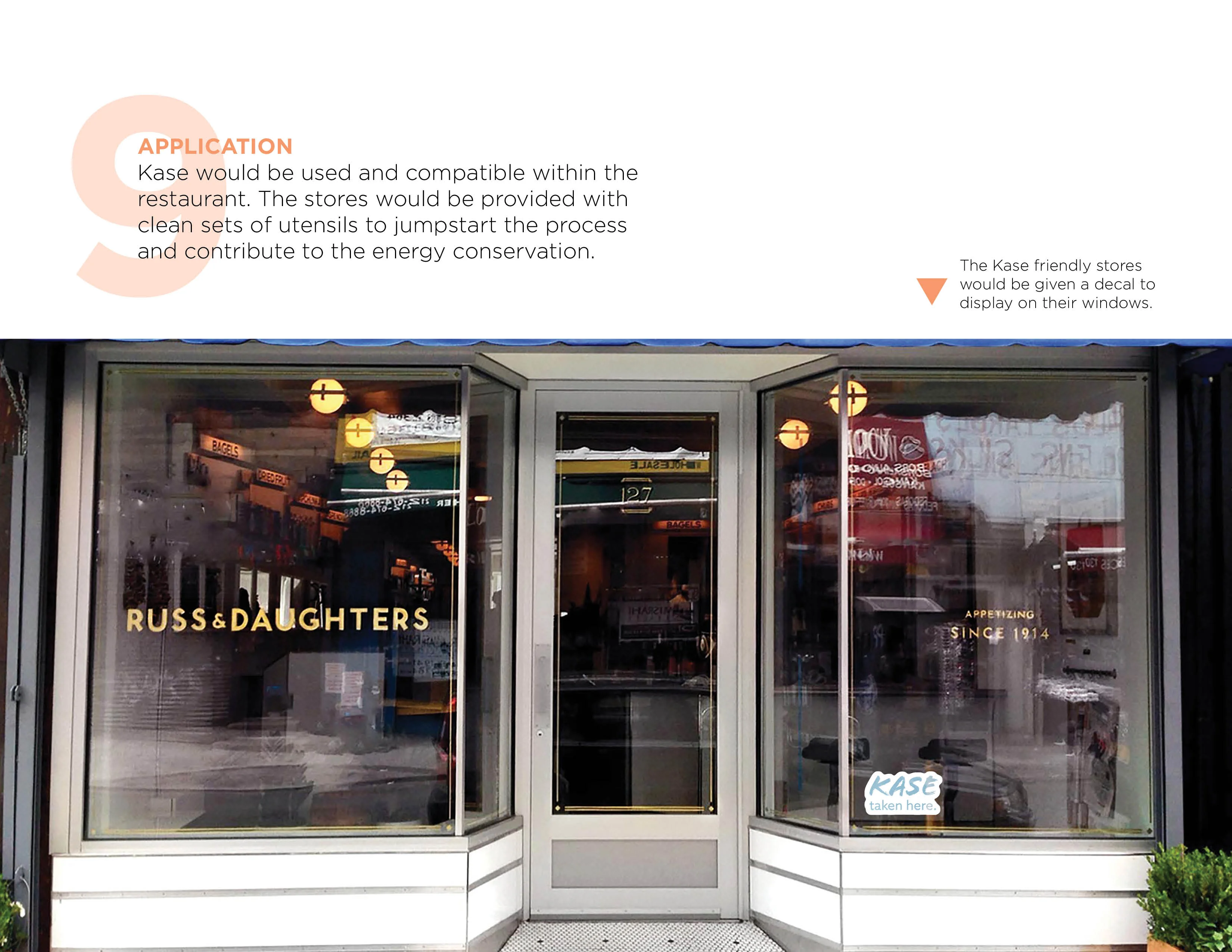 Storefront of Russ & Daughters with large glass windows and text about Kase applications above.