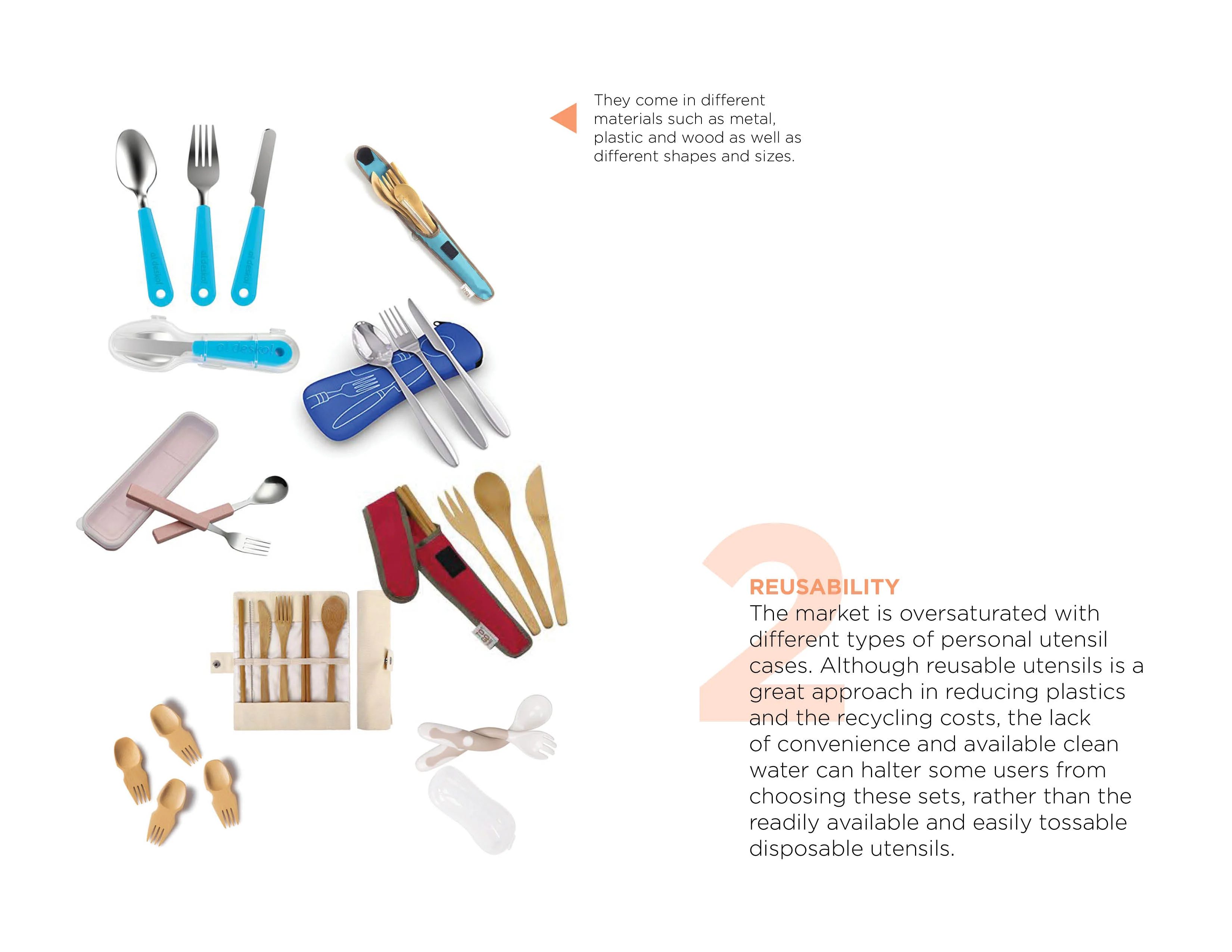 An assortment of reusable utensil sets with cases in various materials and colors.