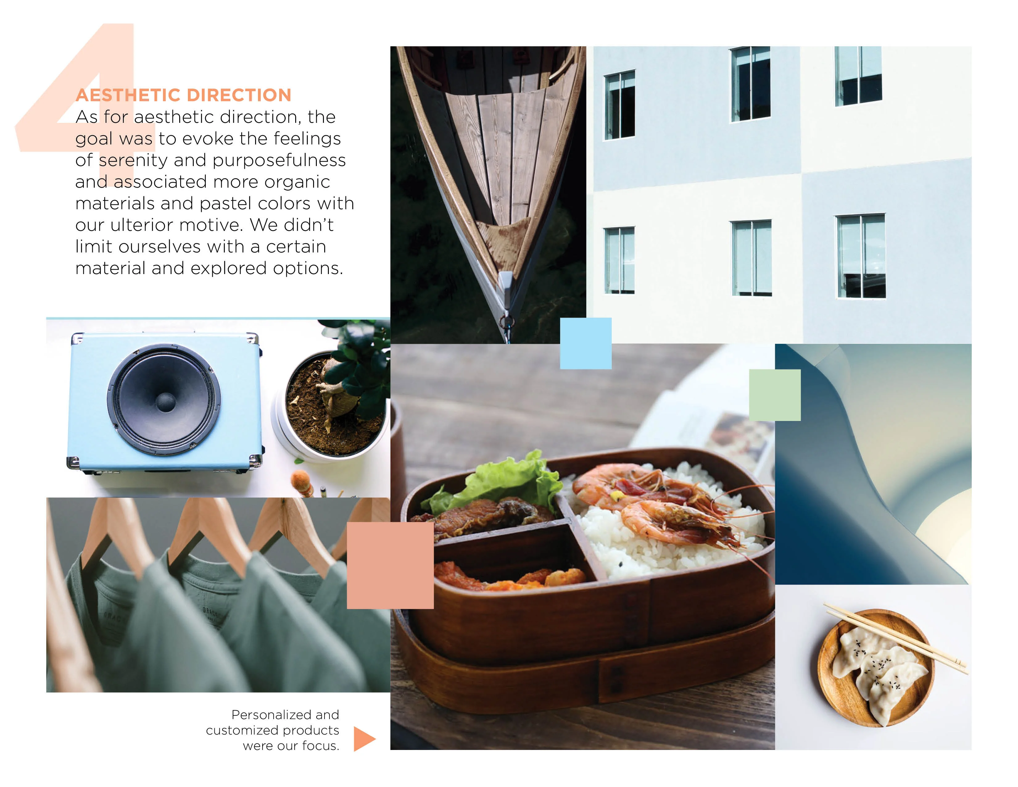 Collage featuring text, a boat, building windows, a speaker, shirts, a bento box, dumplings, and a curved structure.