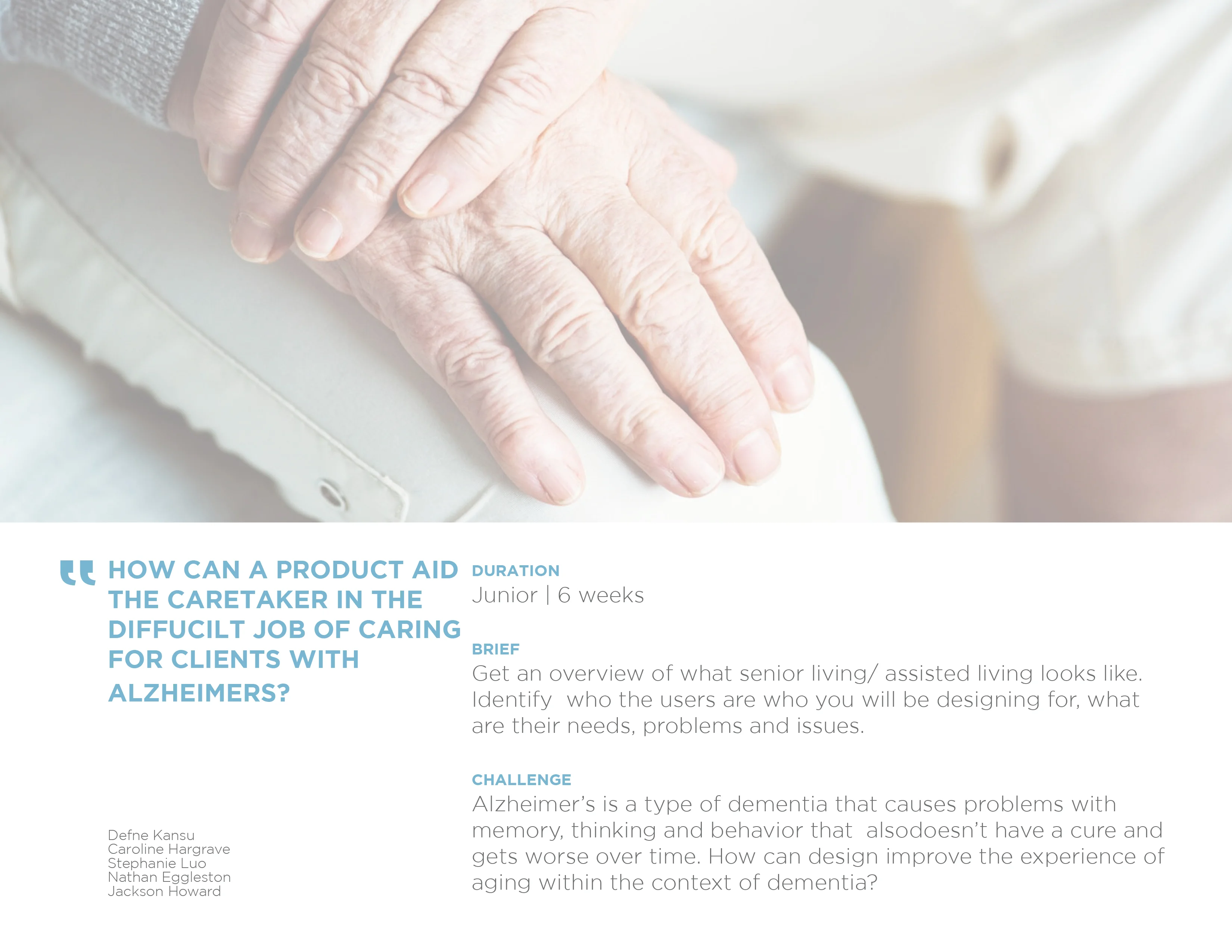 Close-up of elderly hands and a project brief on designing for Alzheimer's care.