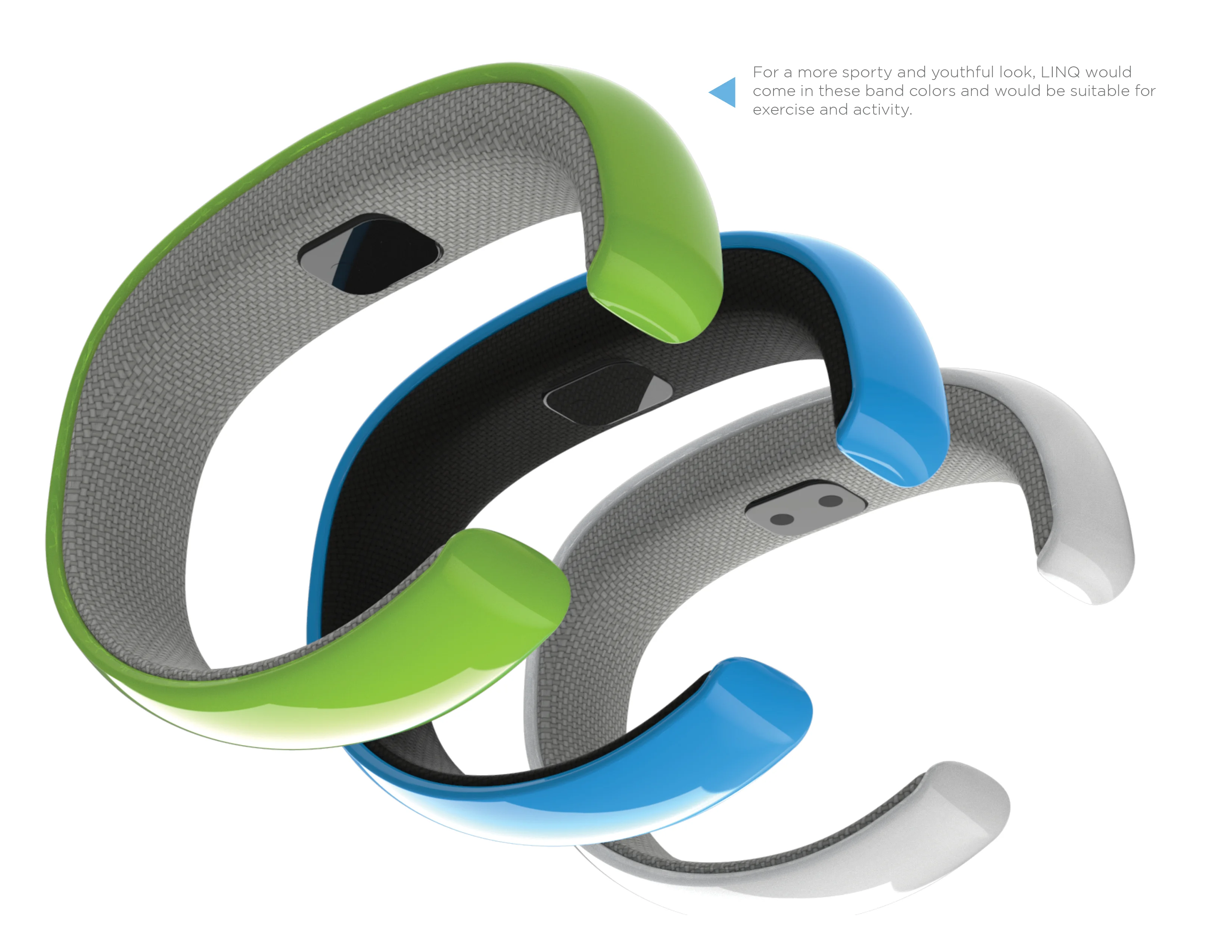 Three C-shaped wristbands in green, blue, and white, shown with a textured interior and glossy exterior.