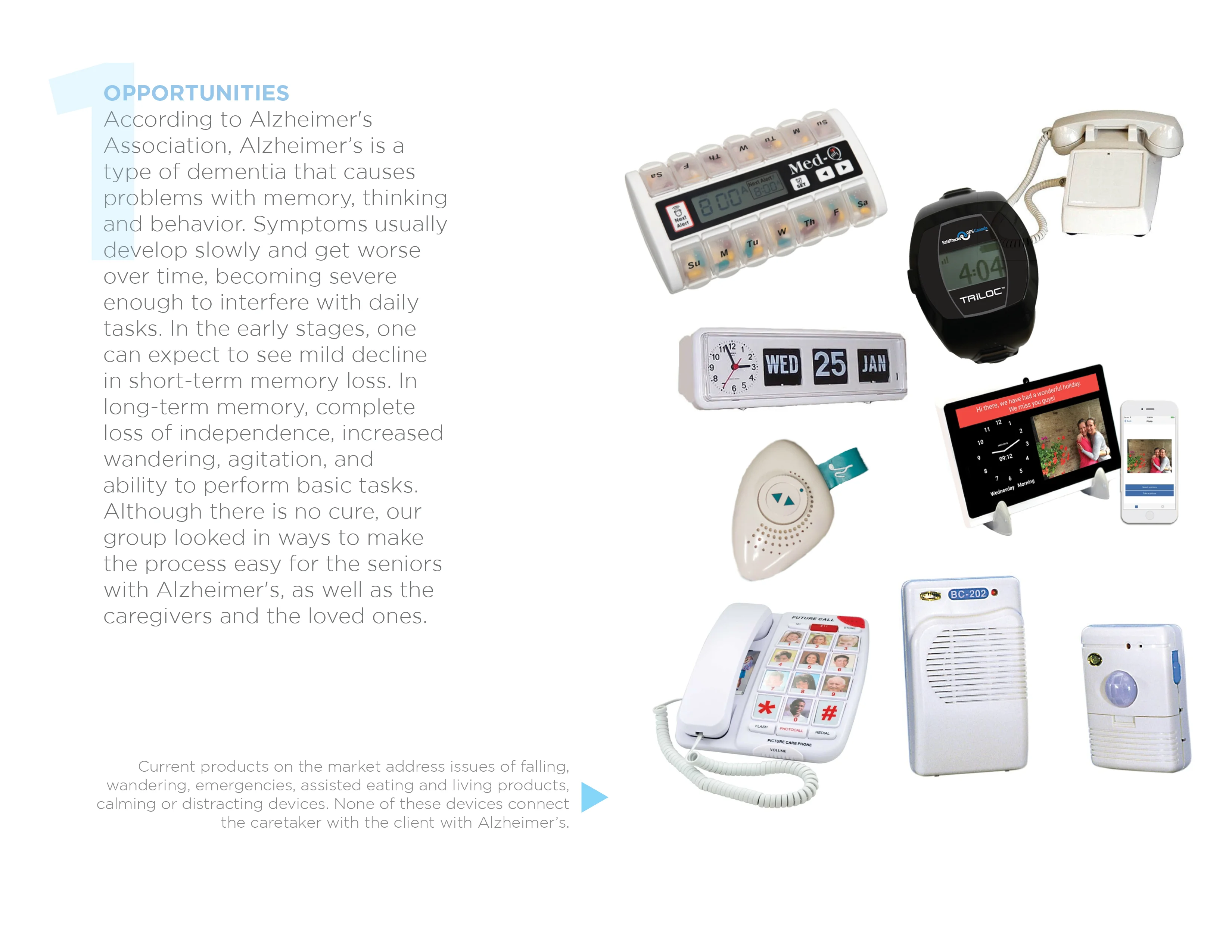 Collage of assistive devices for Alzheimer's shown next to a descriptive text on Alzheimer's disease.