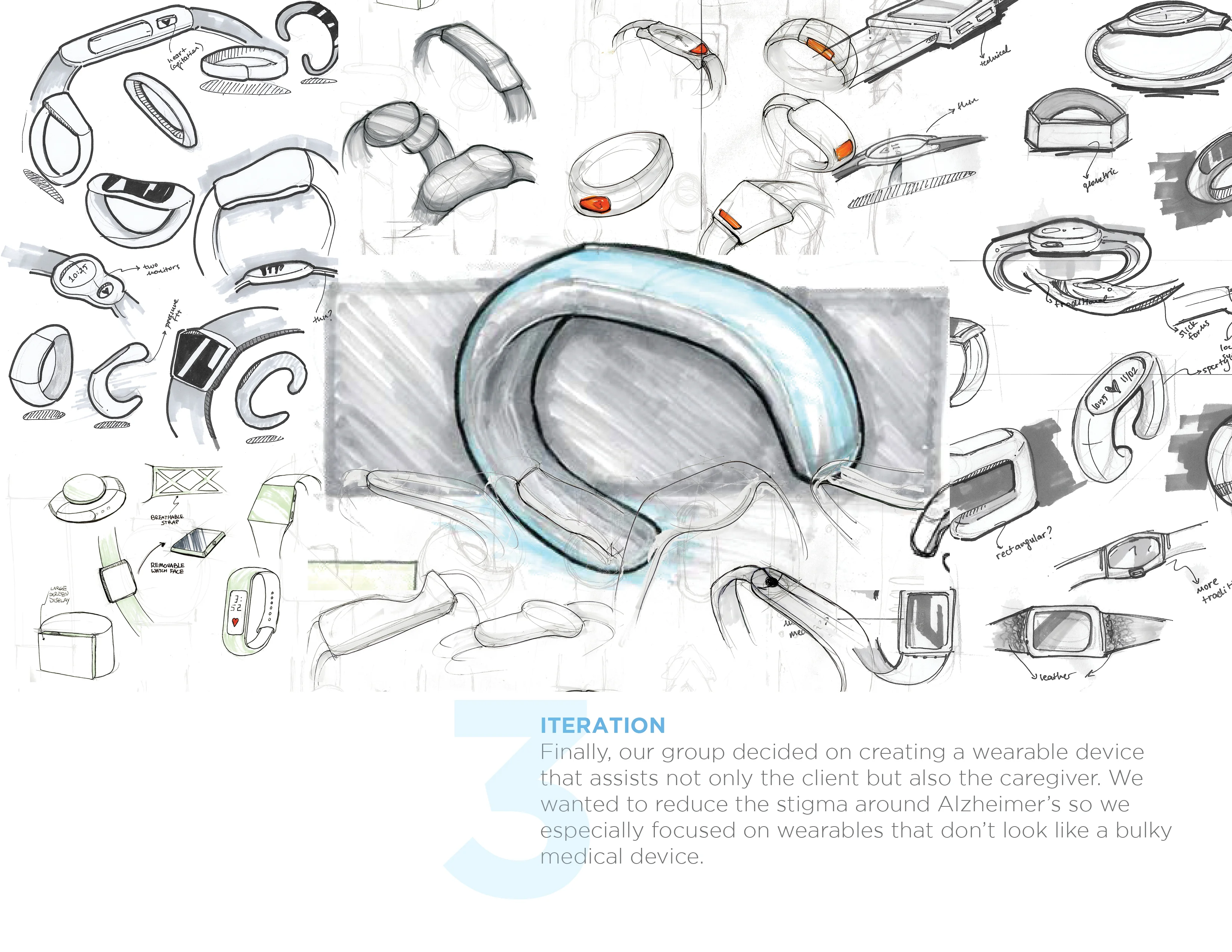 Collage of concept sketches for a wearable device, highlighting a central blue and grey design.