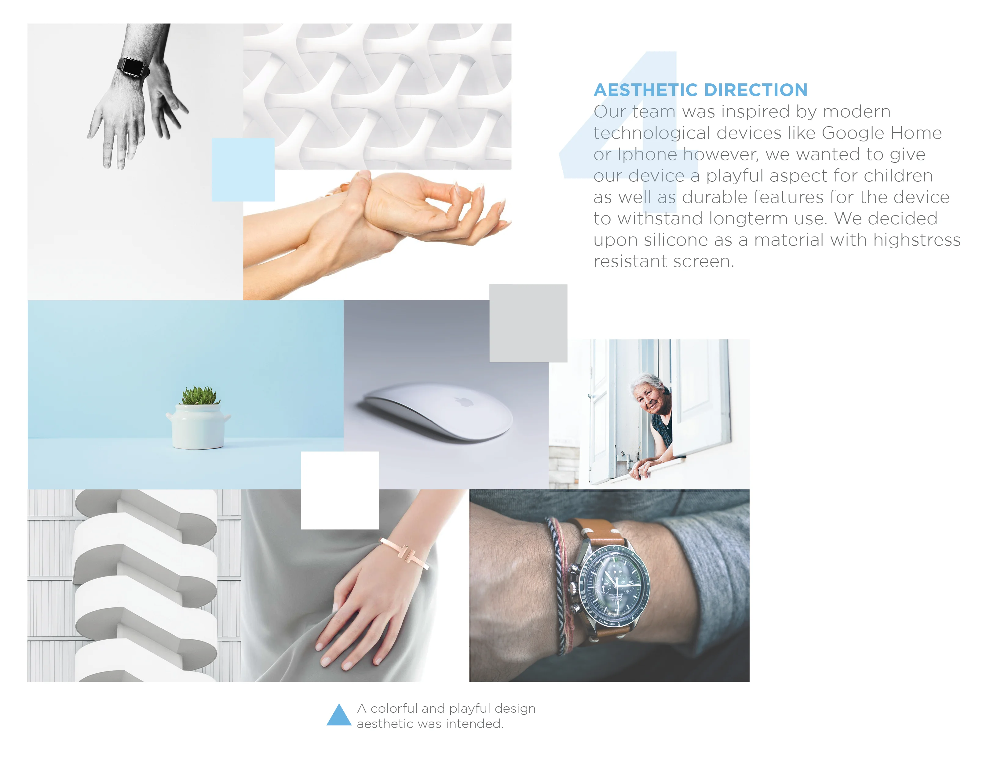 A collage of images featuring hands, a smartwatch, architectural patterns, a succulent plant, a computer mouse, an older person, and a wristwatch.