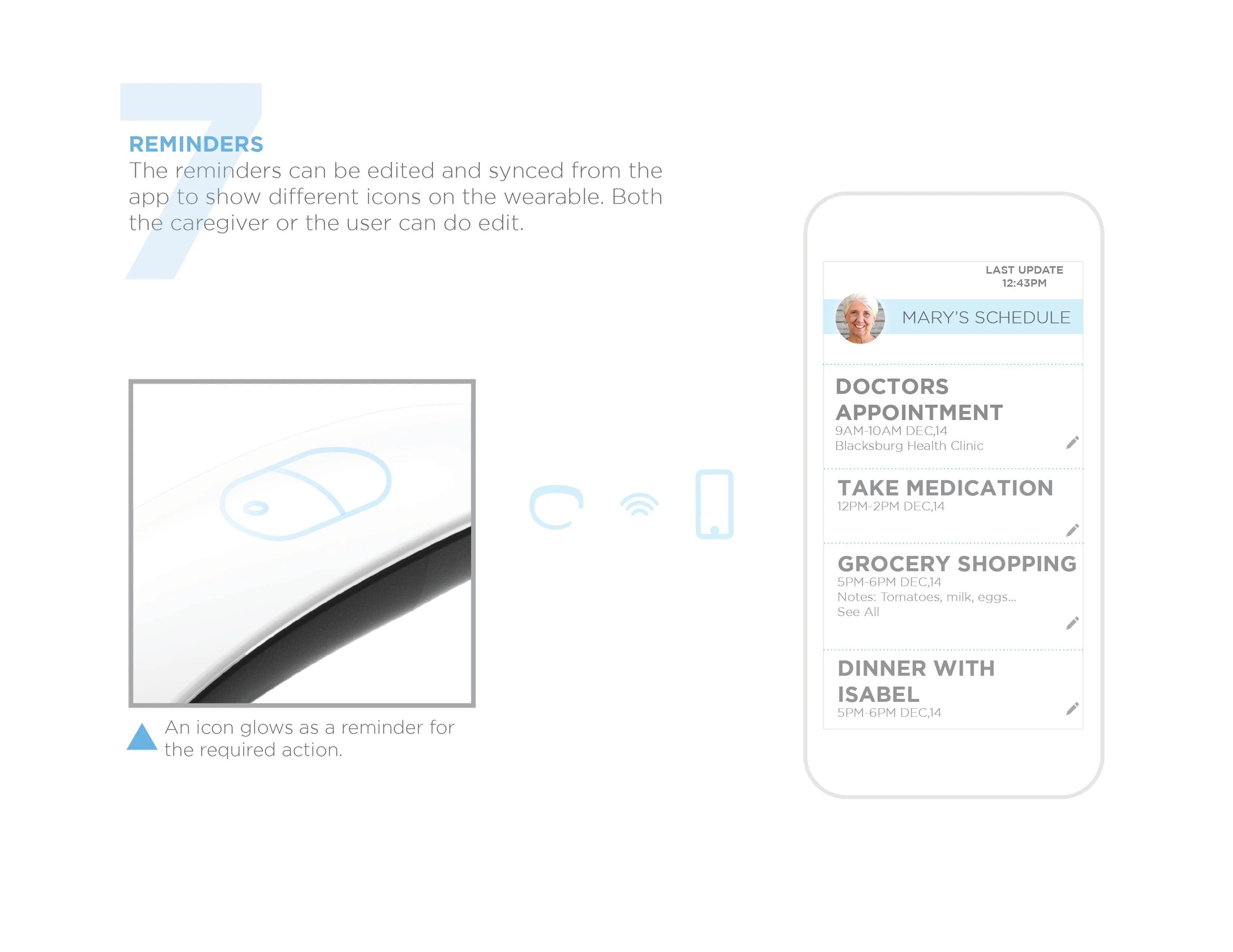 A digital reminder system showing a wearable band with a glowing icon and a smartphone displaying reminders.