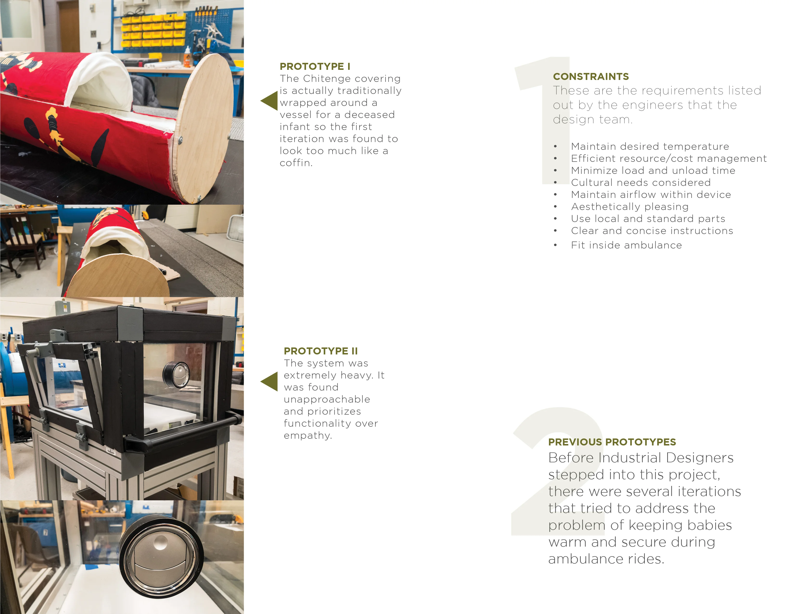 Image of two prototypes for baby transportation in ambulances, with descriptive text outlining constraints and prior designs.