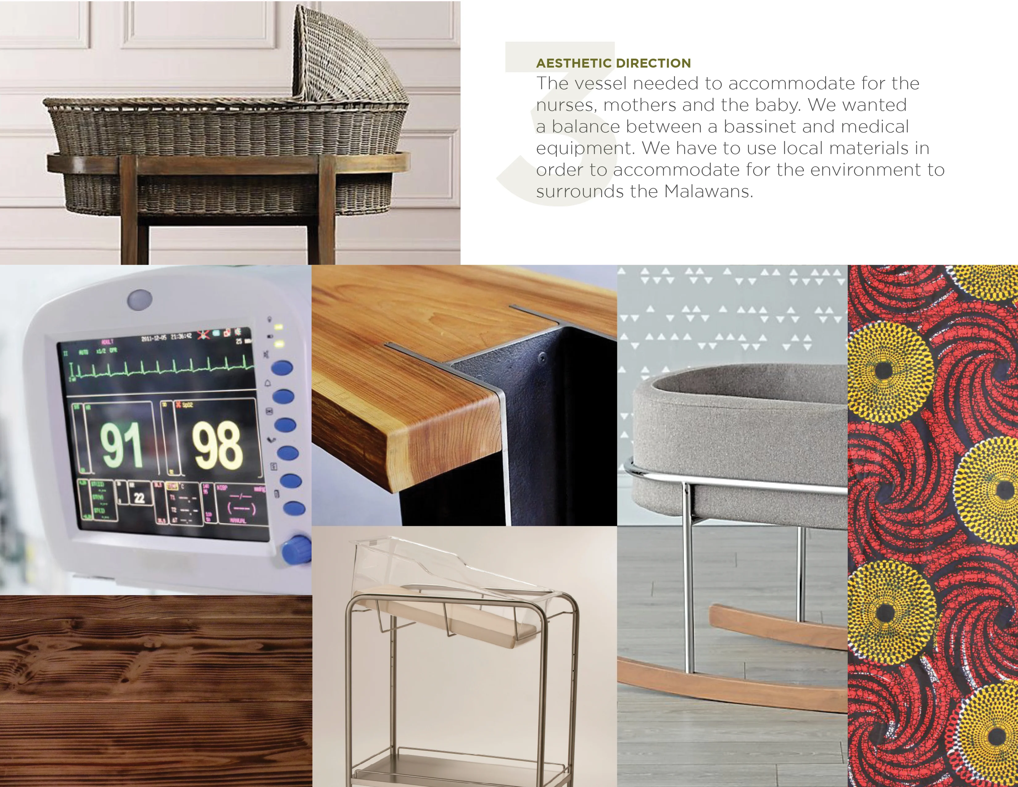 Collage of a wicker bassinet, medical monitor, wooden surfaces, metal bassinet, modern cradle, and patterned fabric.