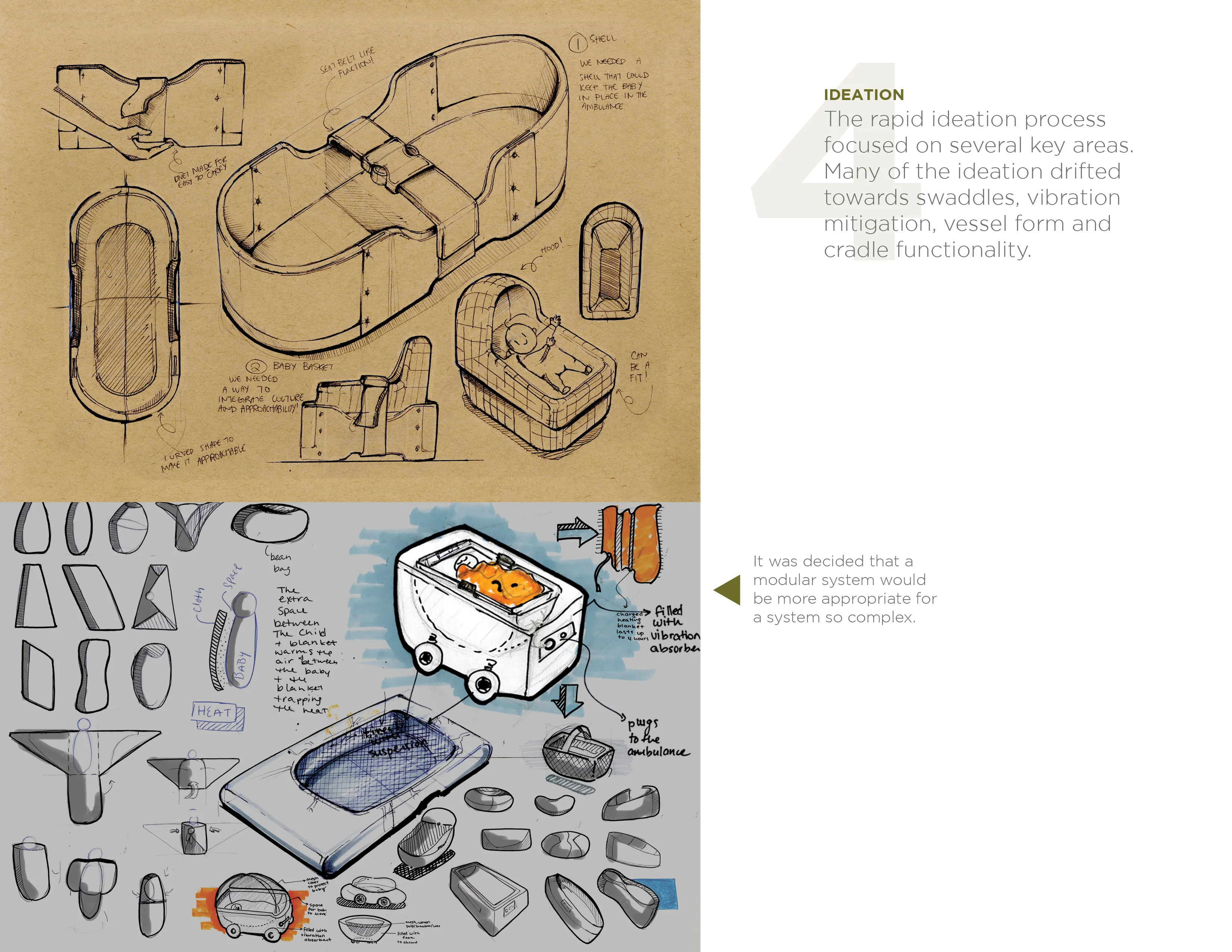 Conceptual sketches and notes for a modular baby cradle design.