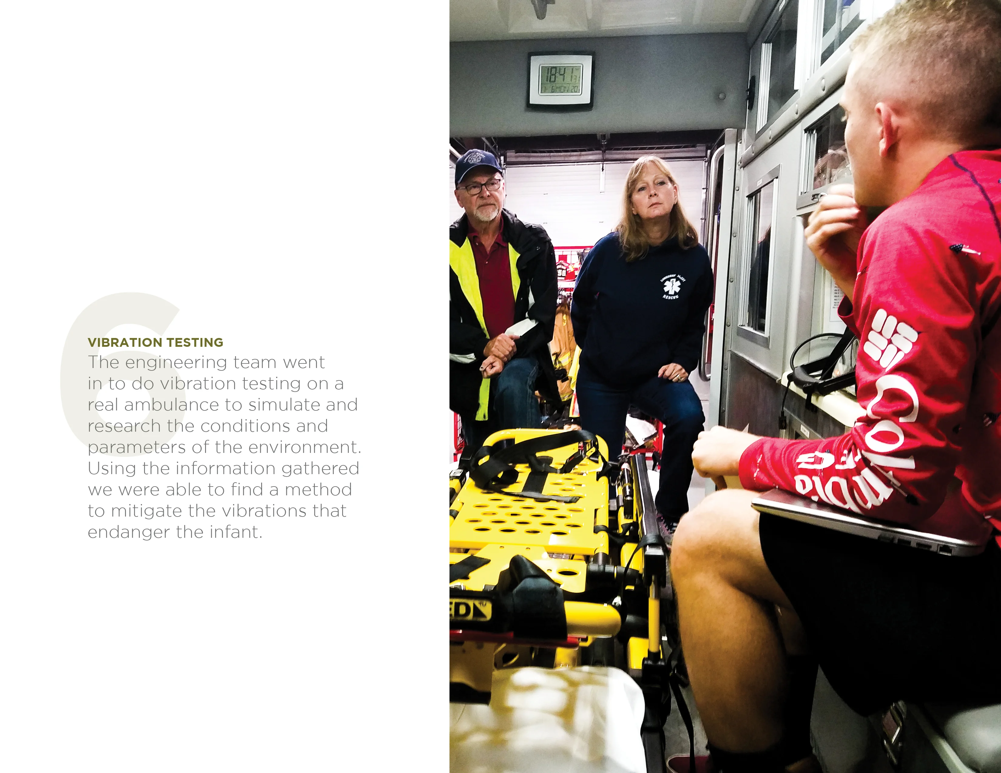 People discussing vibration testing inside an ambulance, with medical equipment visible.