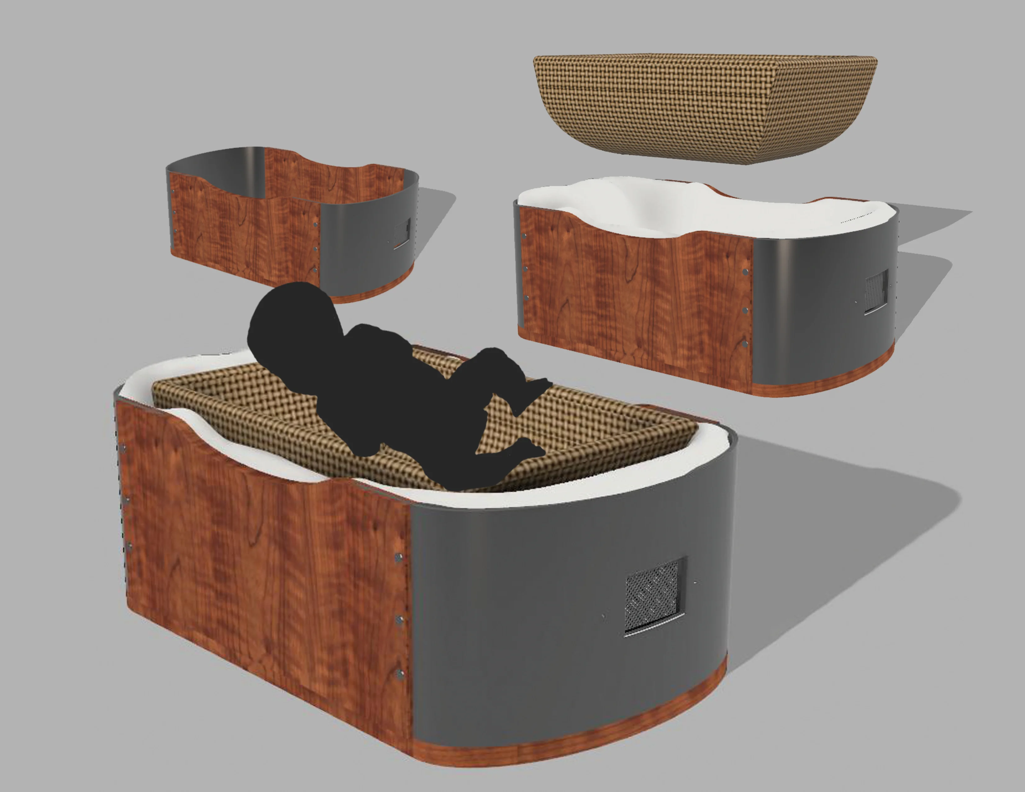 Conceptual design of a modern baby crib with wood and metal elements, and a textured mattress.