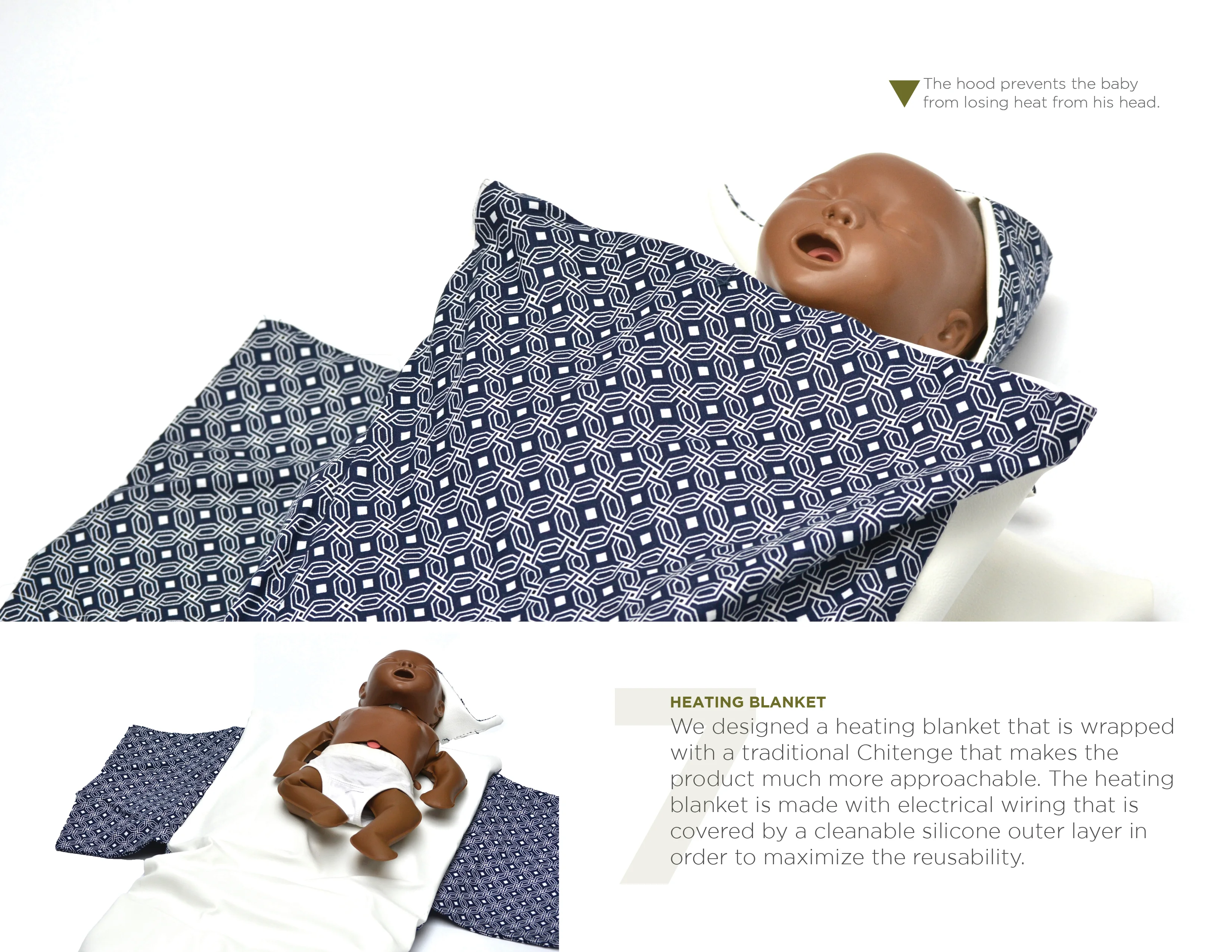 A mannequin baby wrapped in a patterned chitenge fabric on a heating blanket with text explaining the design.