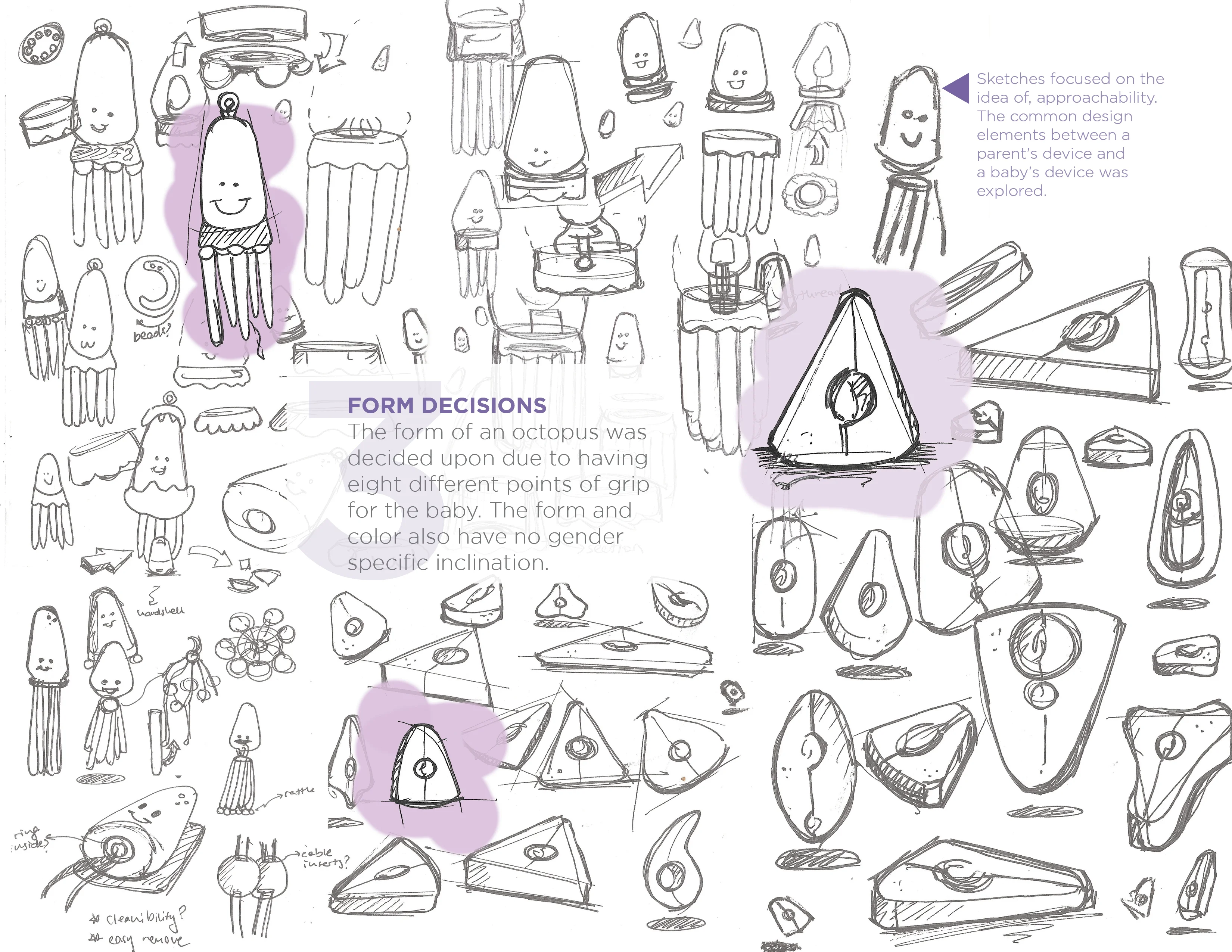 A collection of sketches showing conceptual design forms, including geometric shapes and octopus-like figures, with highlighted text on design decisions.