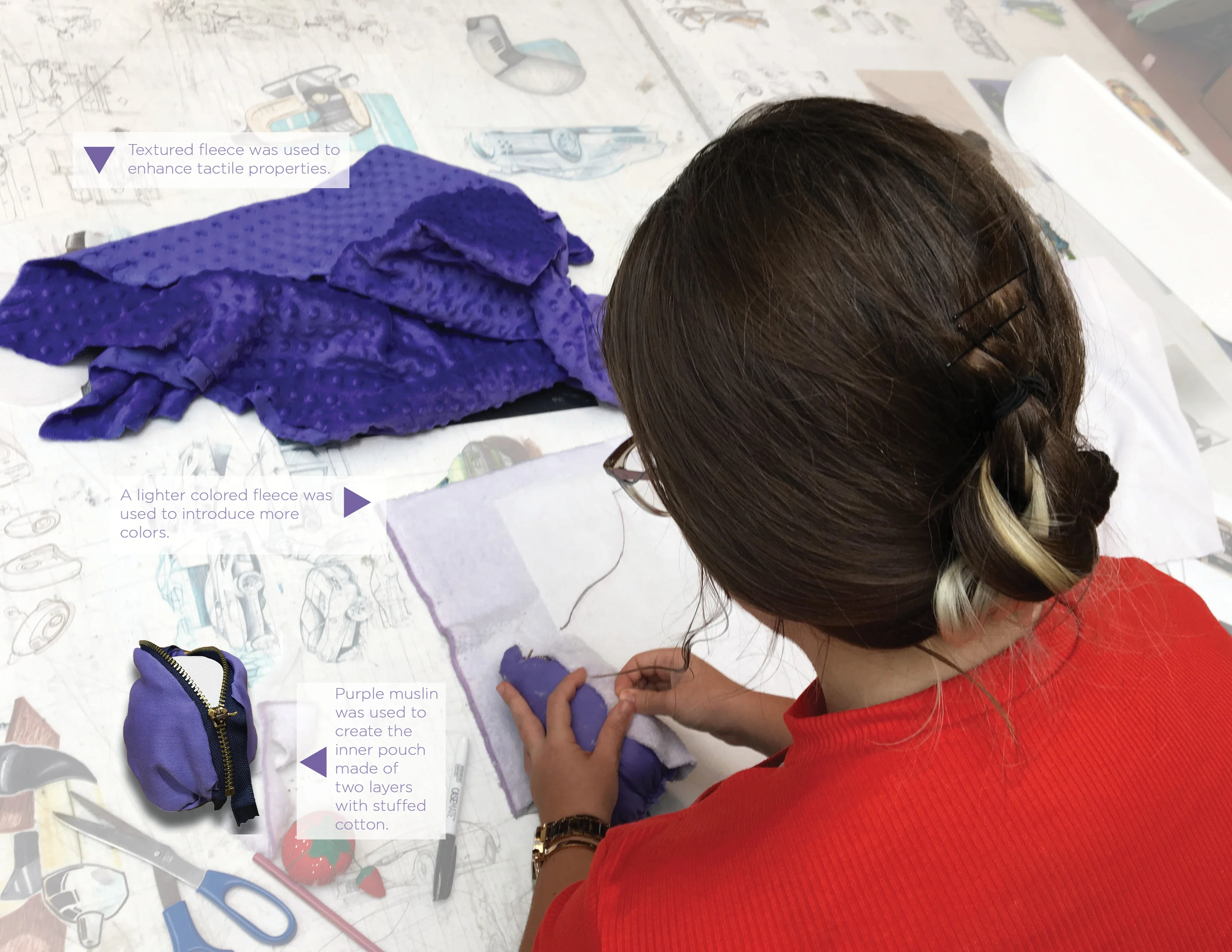 A person working with purple and light-colored fleece fabrics at a table covered with sketches.