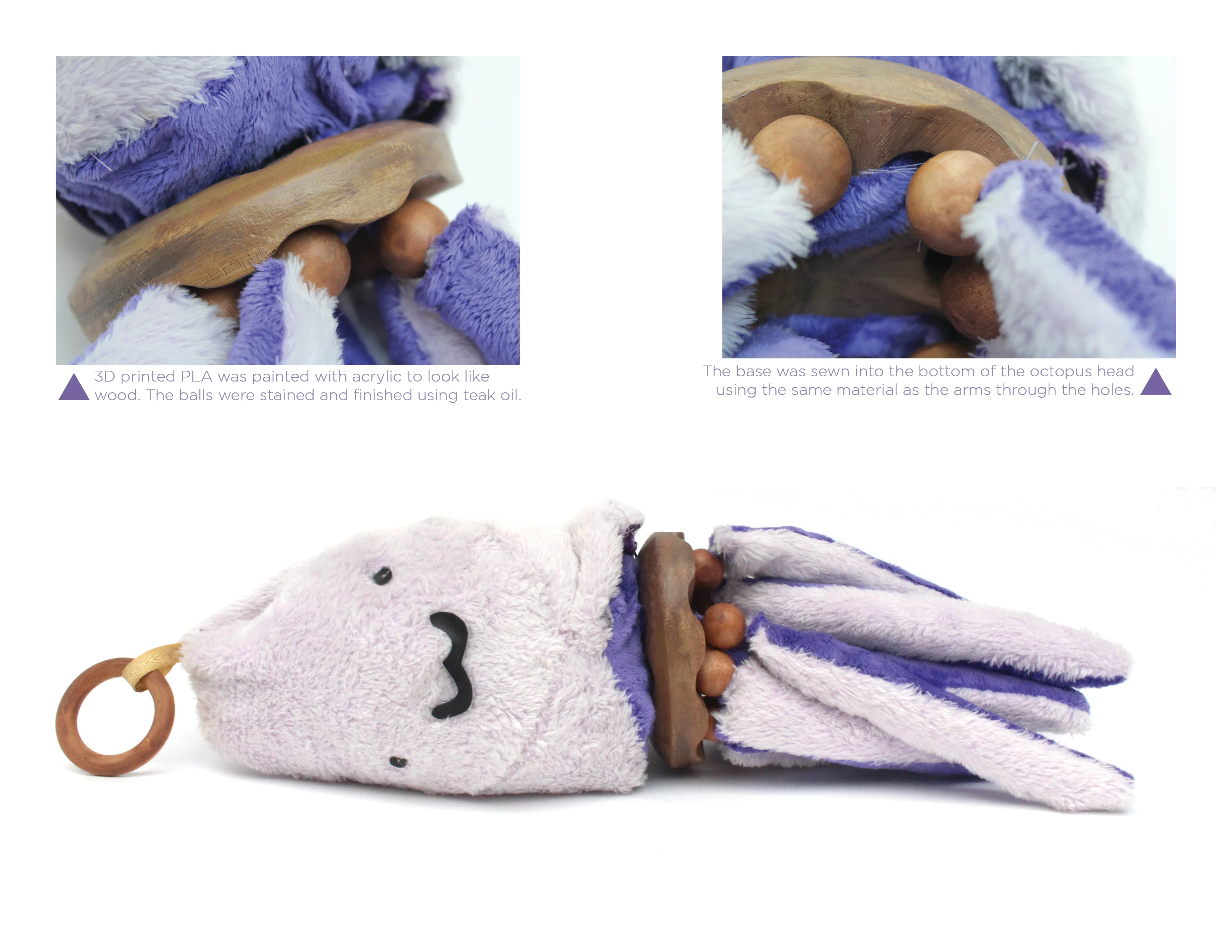 Plush octopus toy with a wooden ring and base, features light purple plush material and wooden beads.