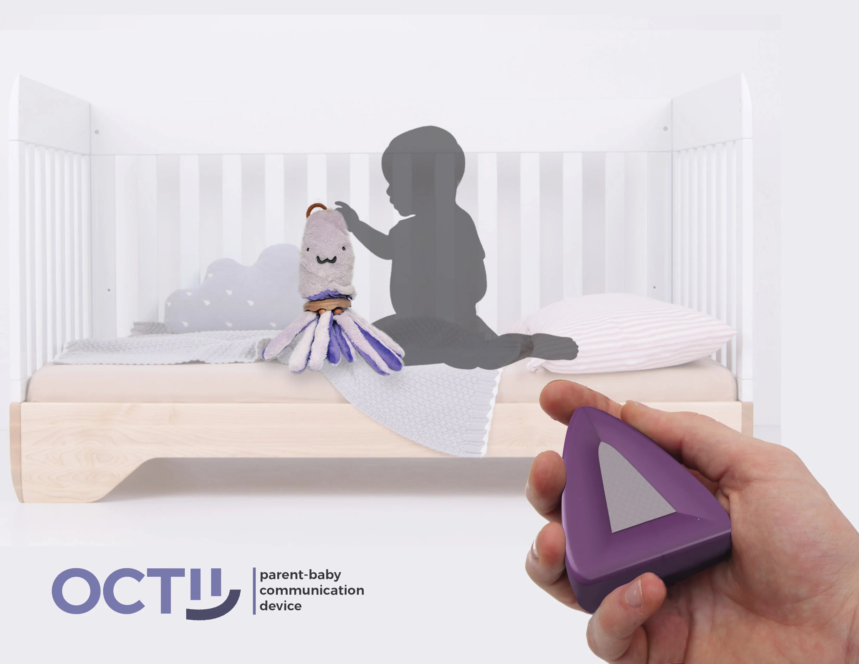 A nursery with a crib, a toy octopus, a baby silhouette, and a hand holding a triangular device.