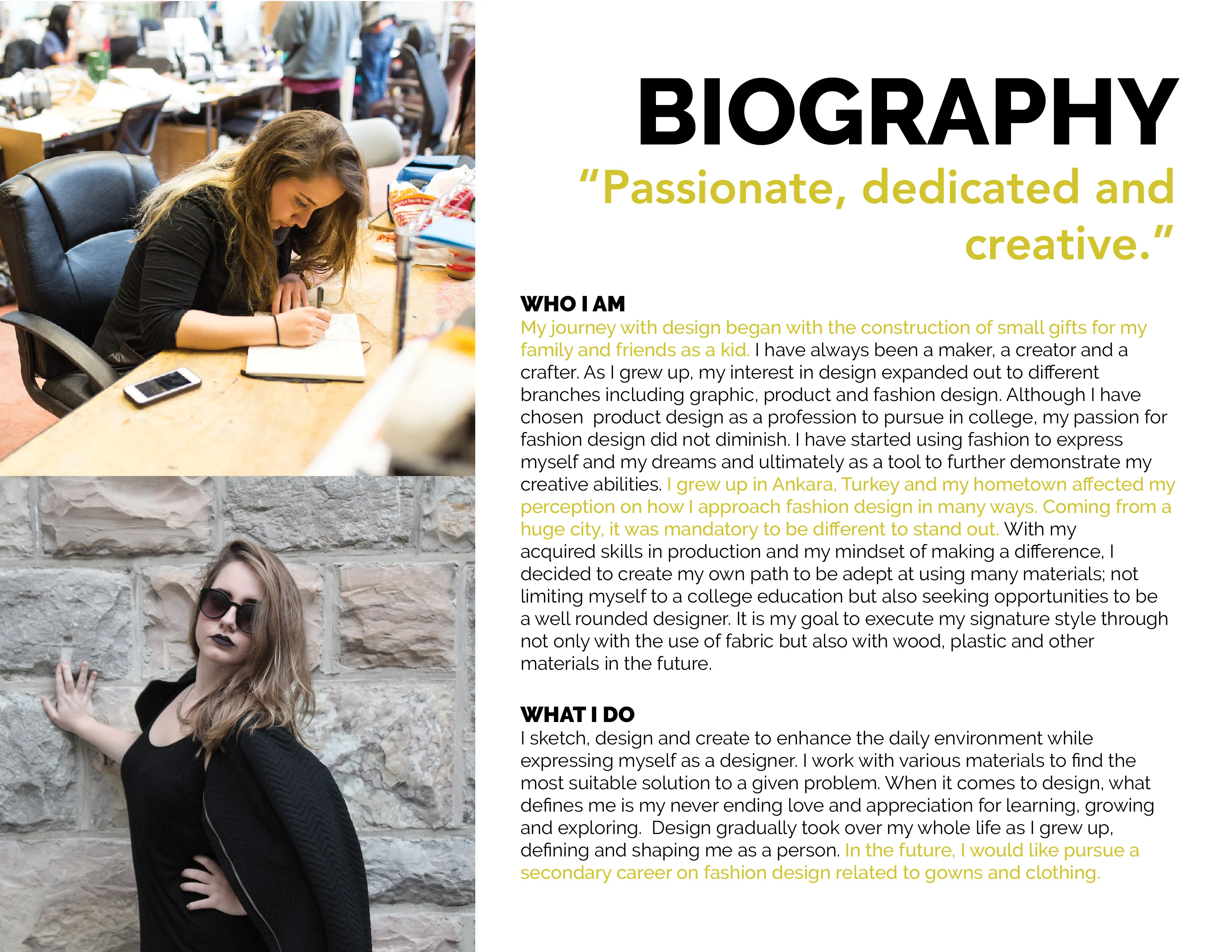 Two images of a woman, one writing at a desk and another posing against a stone wall, accompanied by a textual biography.