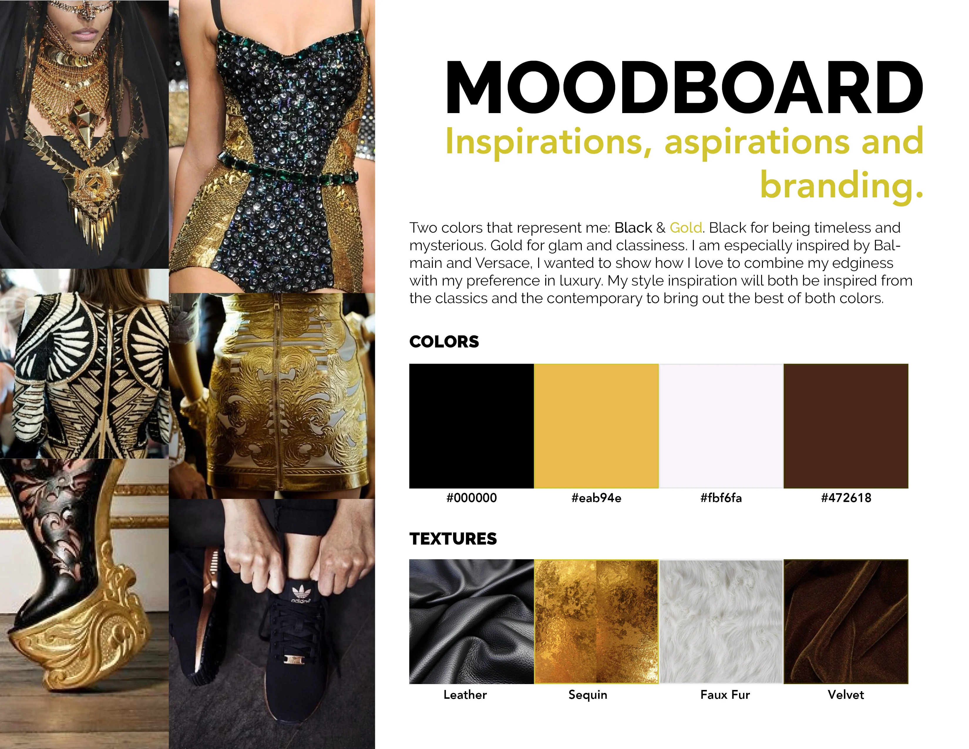 A fashion moodboard featuring black and gold themes with images of garments, textures, and color swatches.