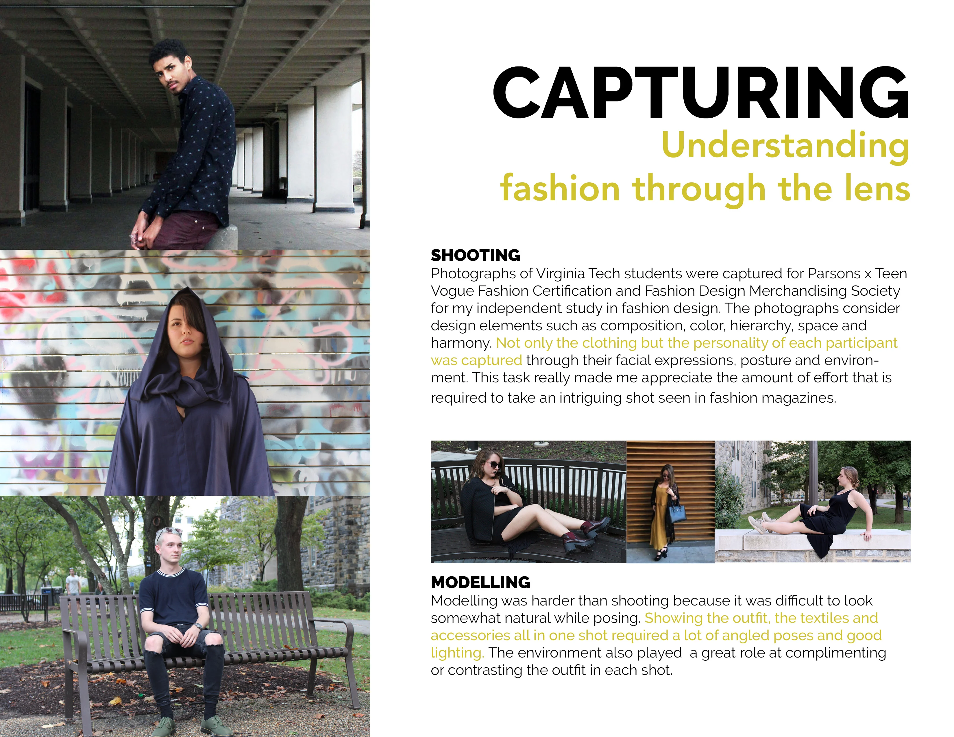 A collage of fashion photography with people modeling in various urban settings, alongside descriptive text about fashion photography and modeling.