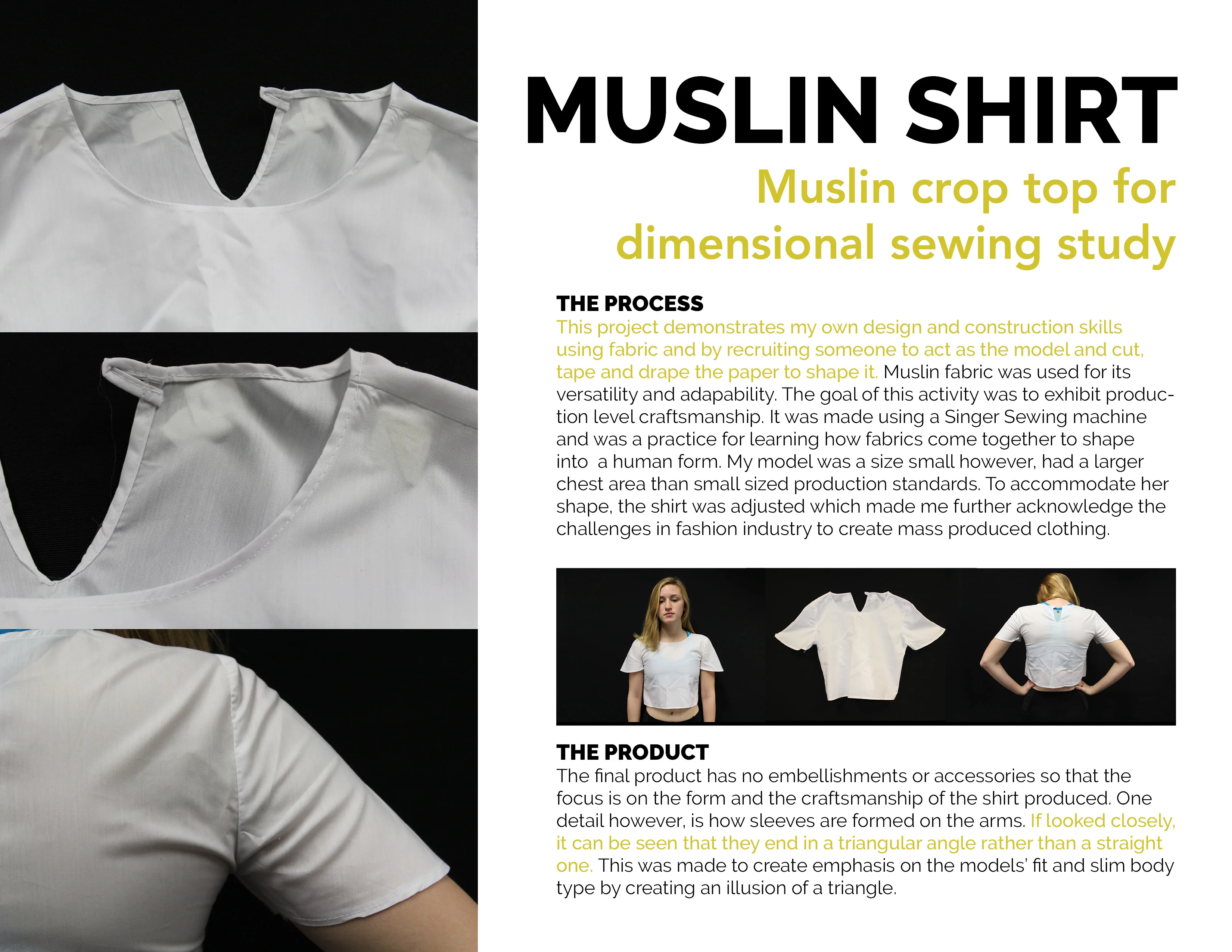 Images of a muslin shirt design with descriptive text about the construction process.