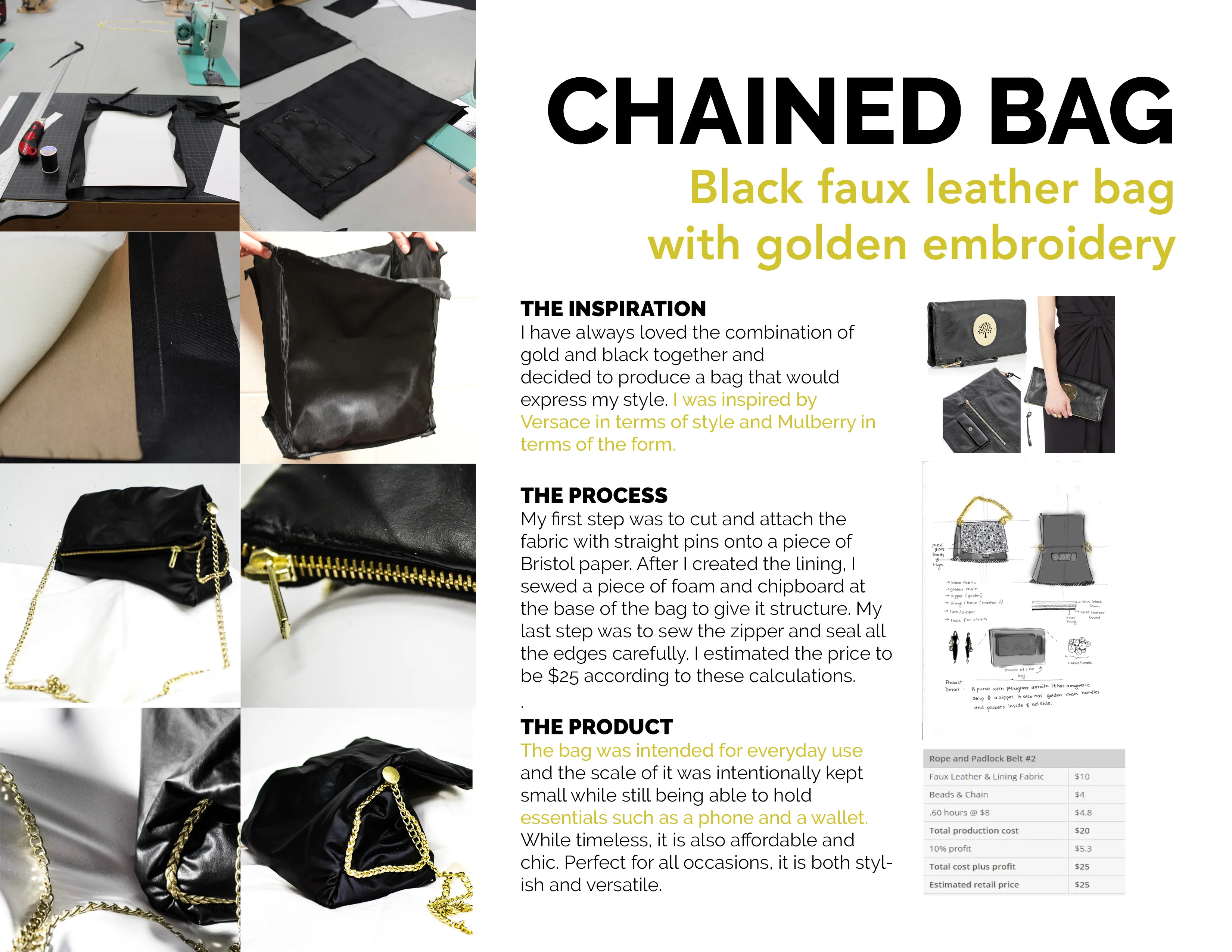 Collage of images and text detailing the making of a black faux leather bag with gold accents.