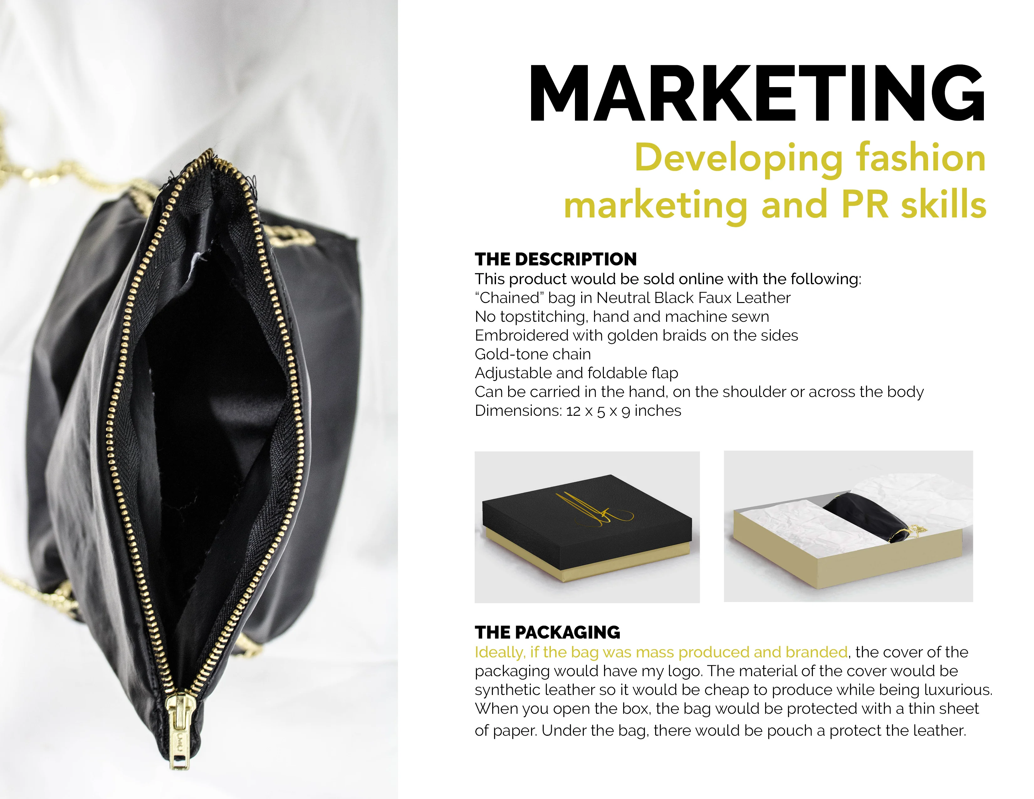 Open black faux leather bag with gold zipper and chain, alongside marketing text and packaging visuals.