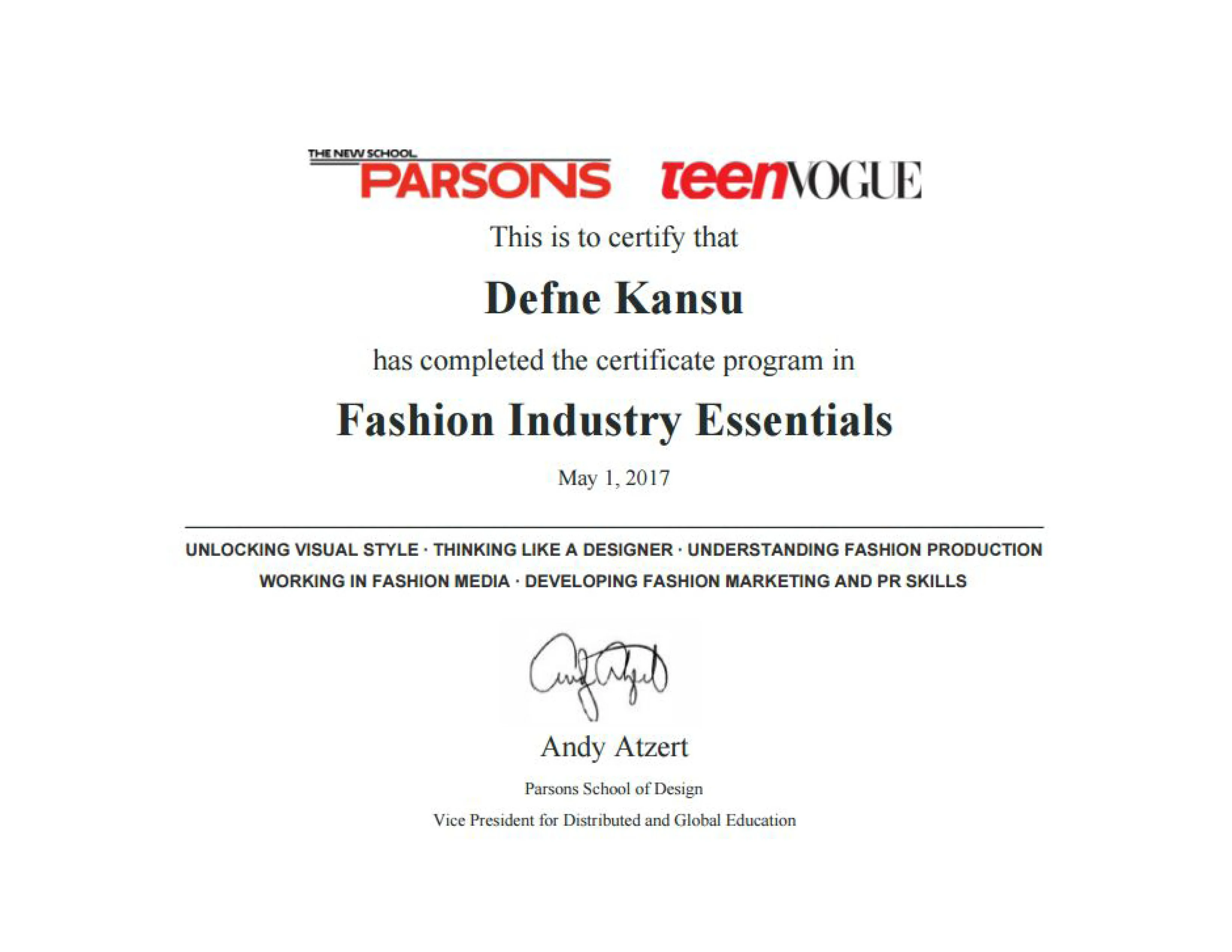 Certificate from Parsons School of Design and Teen Vogue for Fashion Industry Essentials.