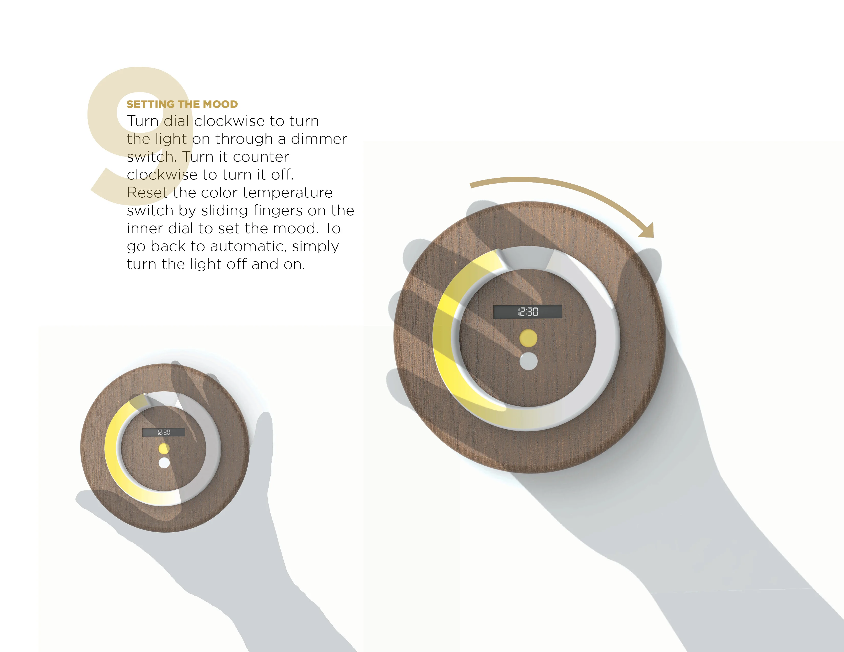 Six renderings of a circular translucent disk with a wooden base, featuring different times of the day.