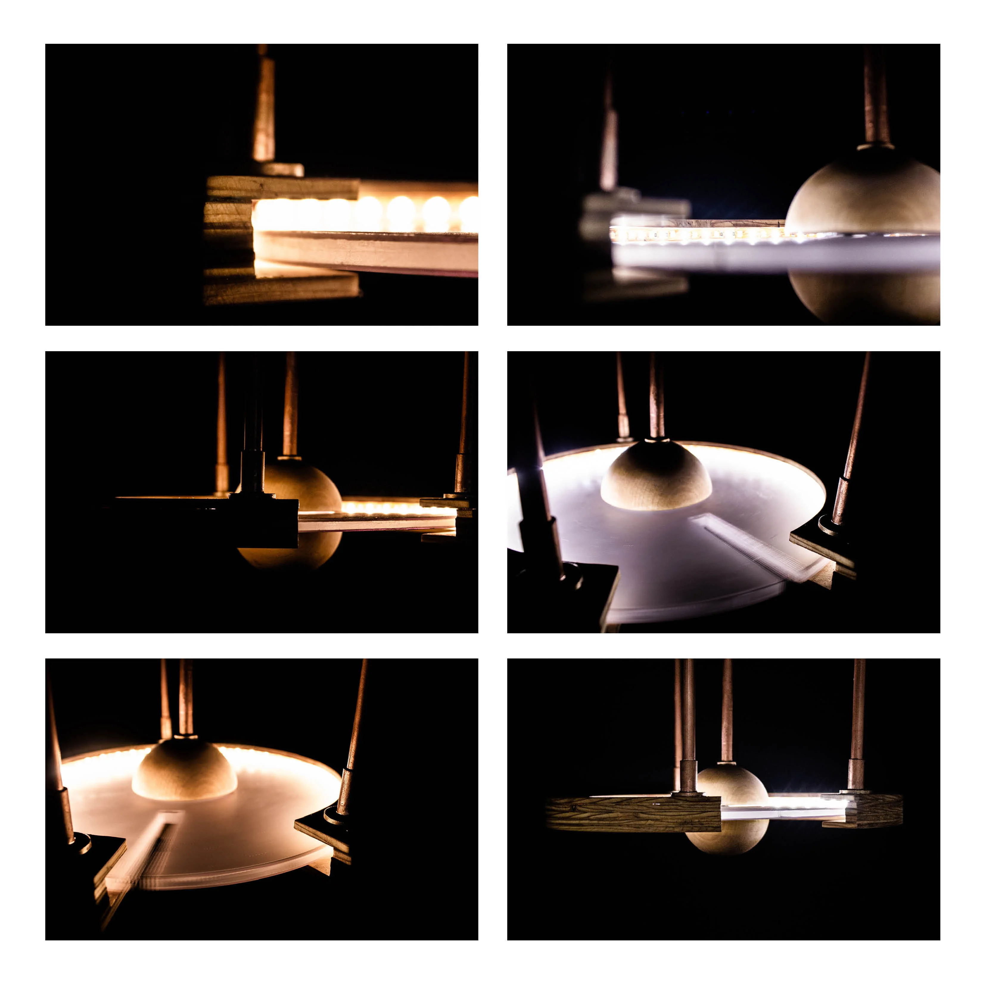 Collage of six close-up photos of a modern circular light fixture with vertical supports and a central sphere.