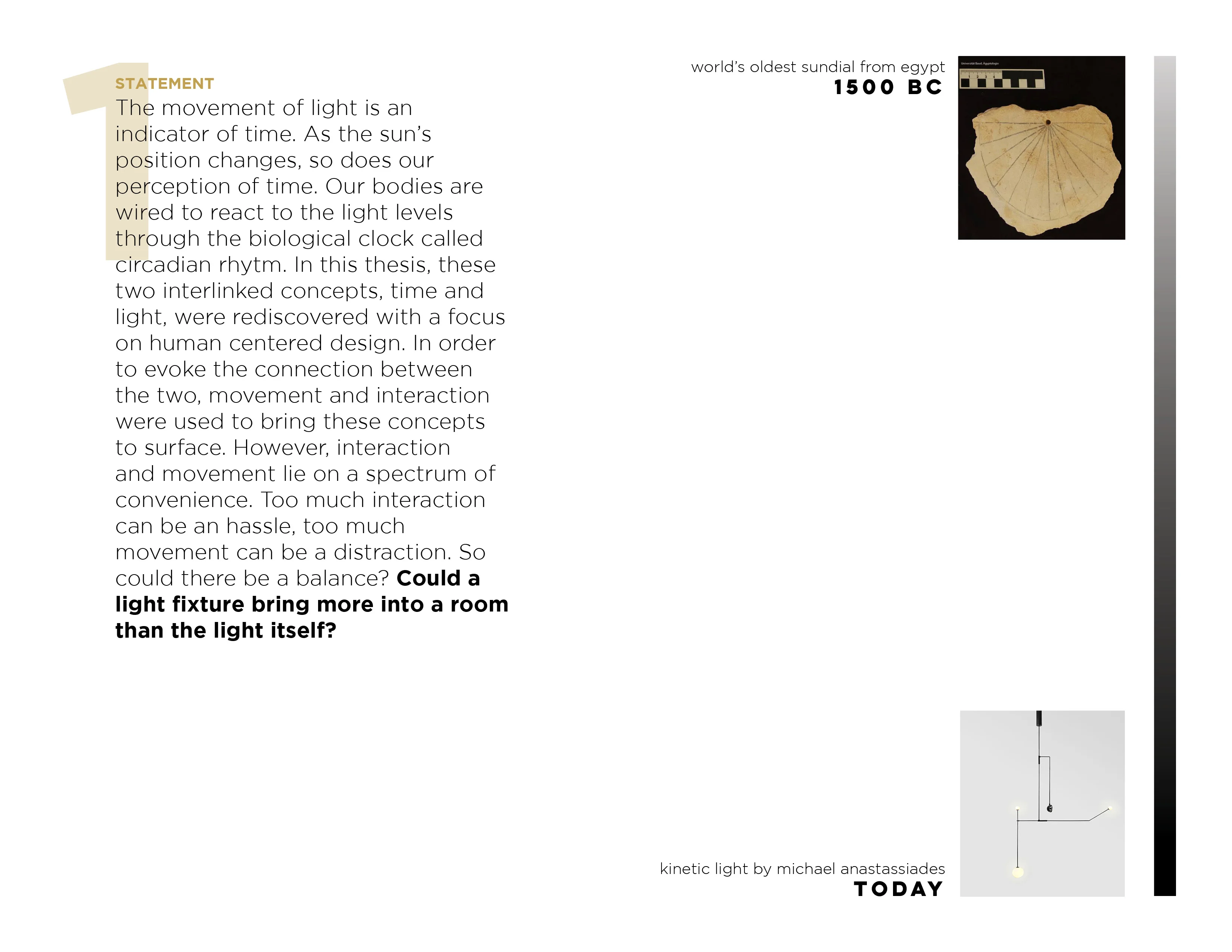 An image showing a block of text about time and light and two visuals: an ancient Egyptian sundial and a modern kinetic light fixture.