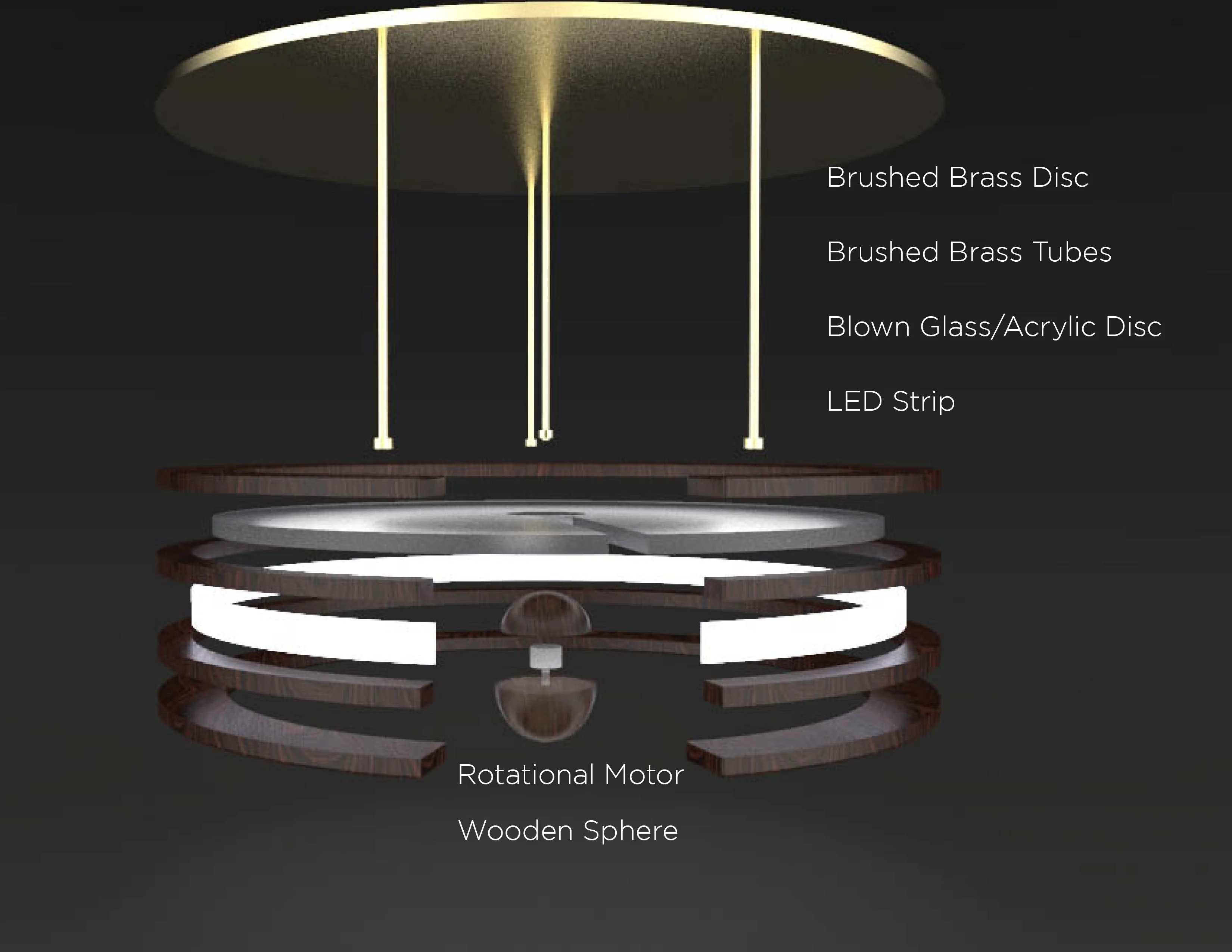 Exploded view of a hanging light fixture with brass, glass, LED, and wooden components.