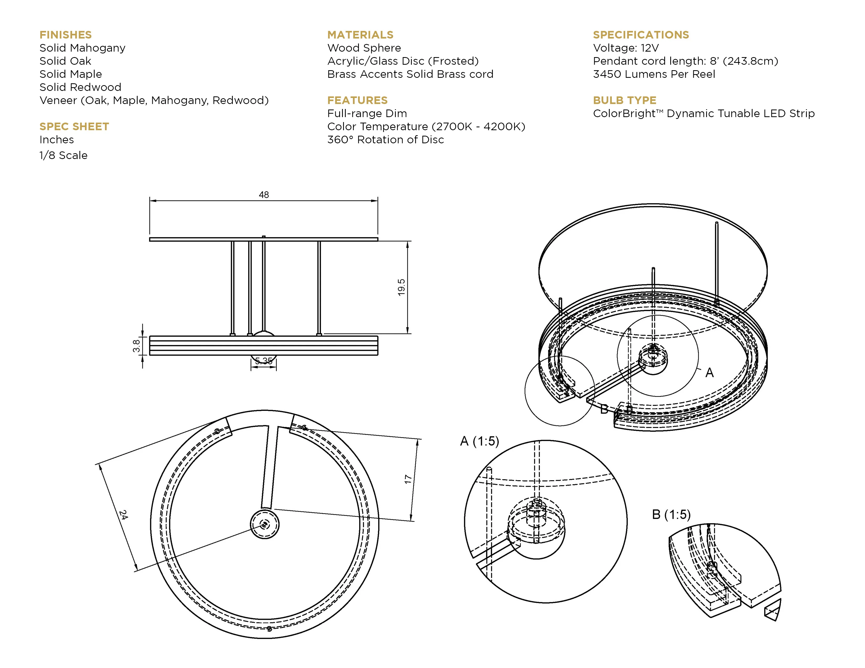 Technical drawing and specification sheet of a lighting fixture with detailed dimensions and materials.